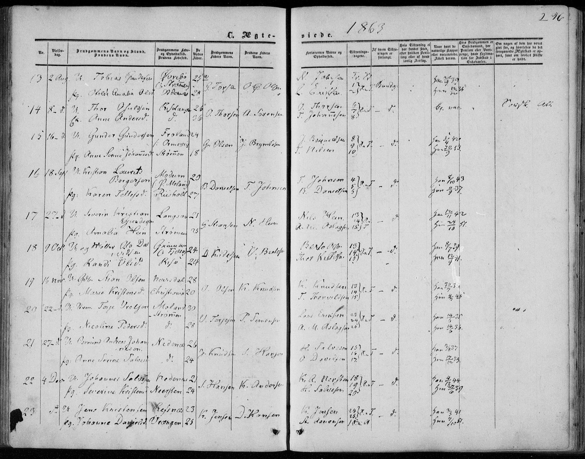 Øyestad sokneprestkontor, SAK/1111-0049/F/Fa/L0015: Parish register (official) no. A 15, 1857-1873, p. 296