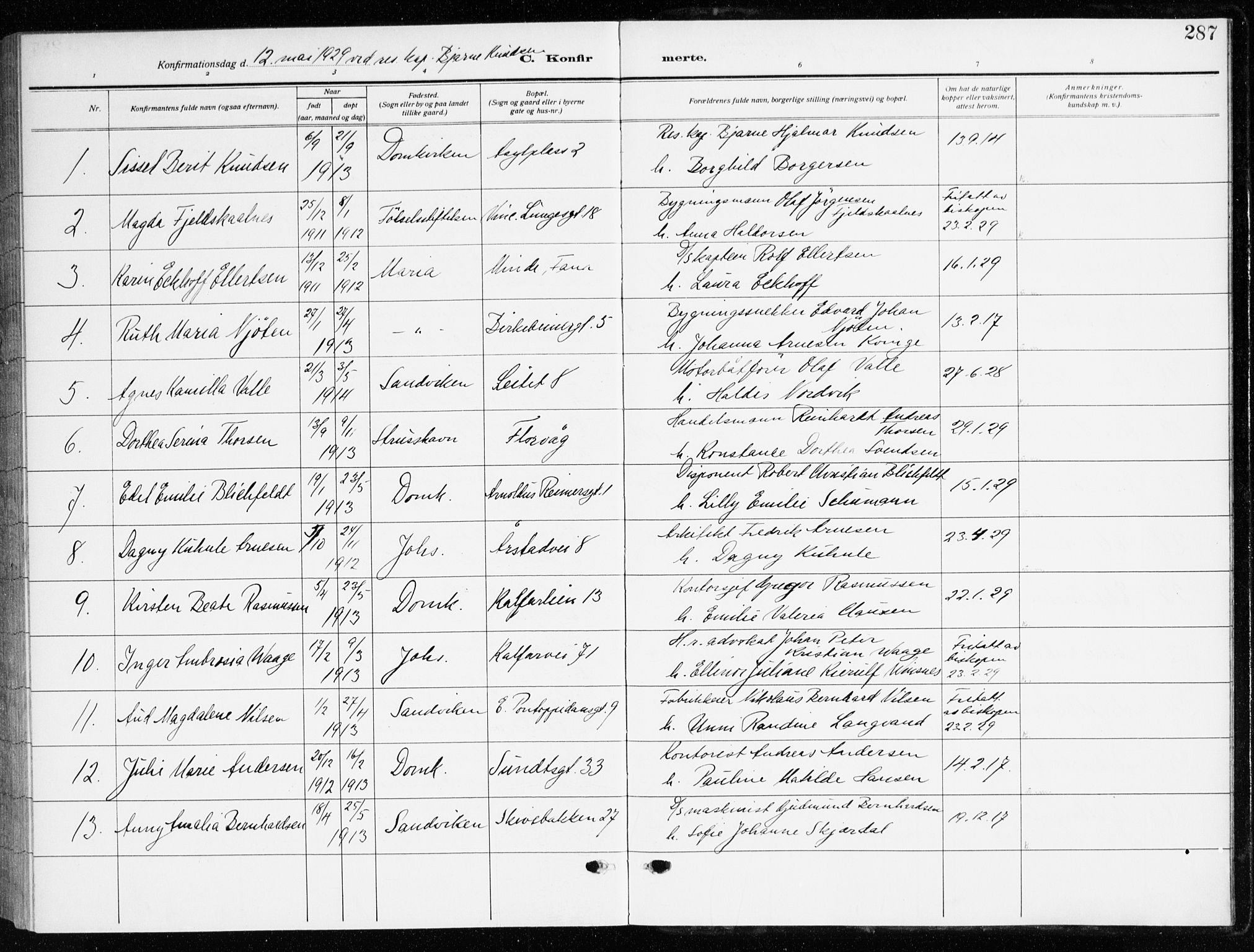 Domkirken sokneprestembete, AV/SAB-A-74801/H/Haa/L0032: Parish register (official) no. C 7, 1915-1930, p. 287