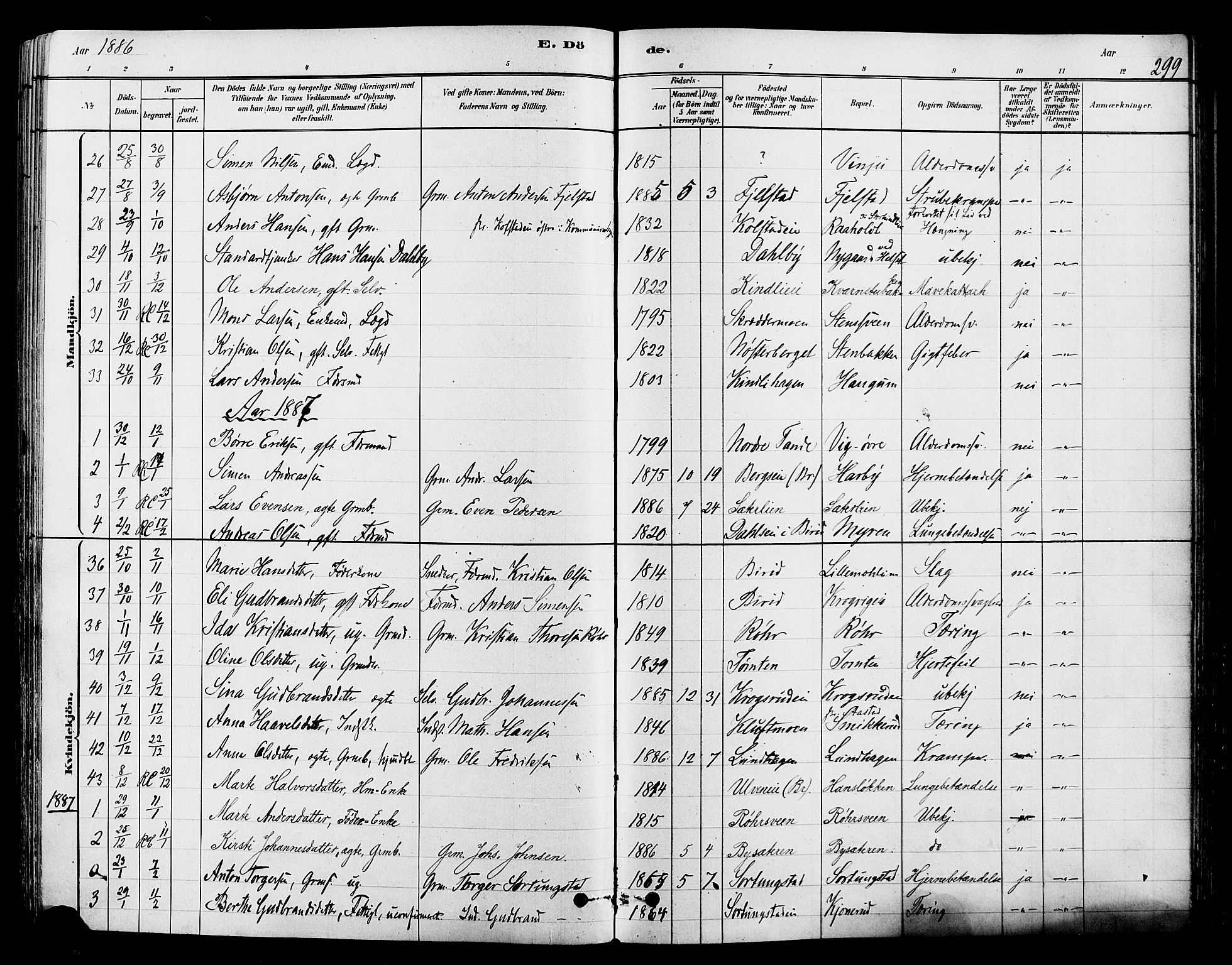 Ringsaker prestekontor, AV/SAH-PREST-014/L/La/L0009: Parish register (copy) no. 9, 1879-1890, p. 299