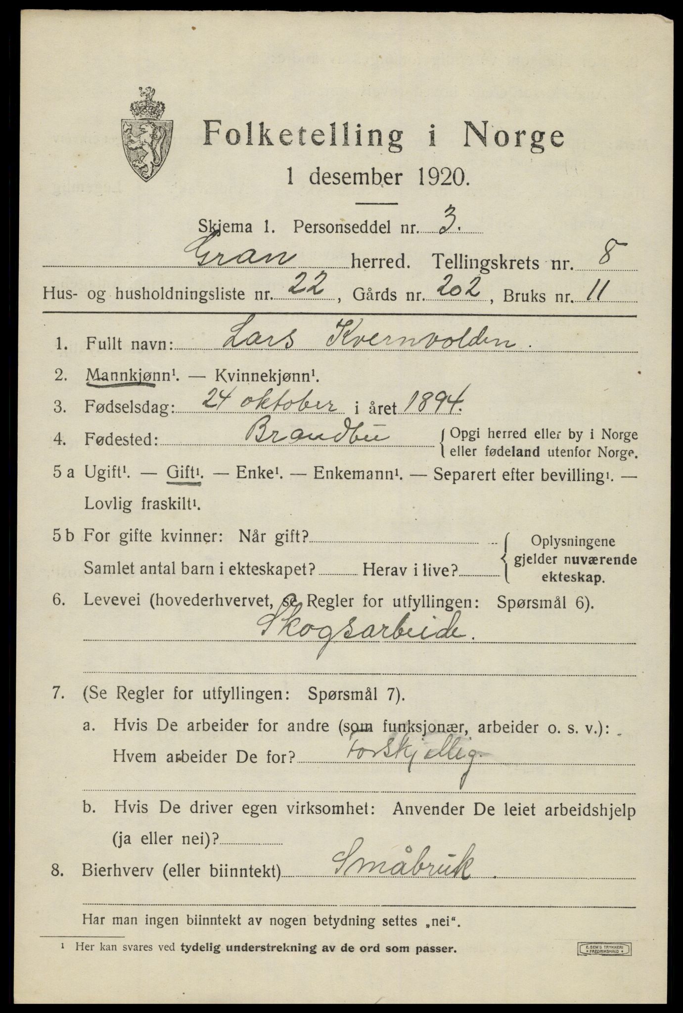 SAH, 1920 census for Gran, 1920, p. 10722