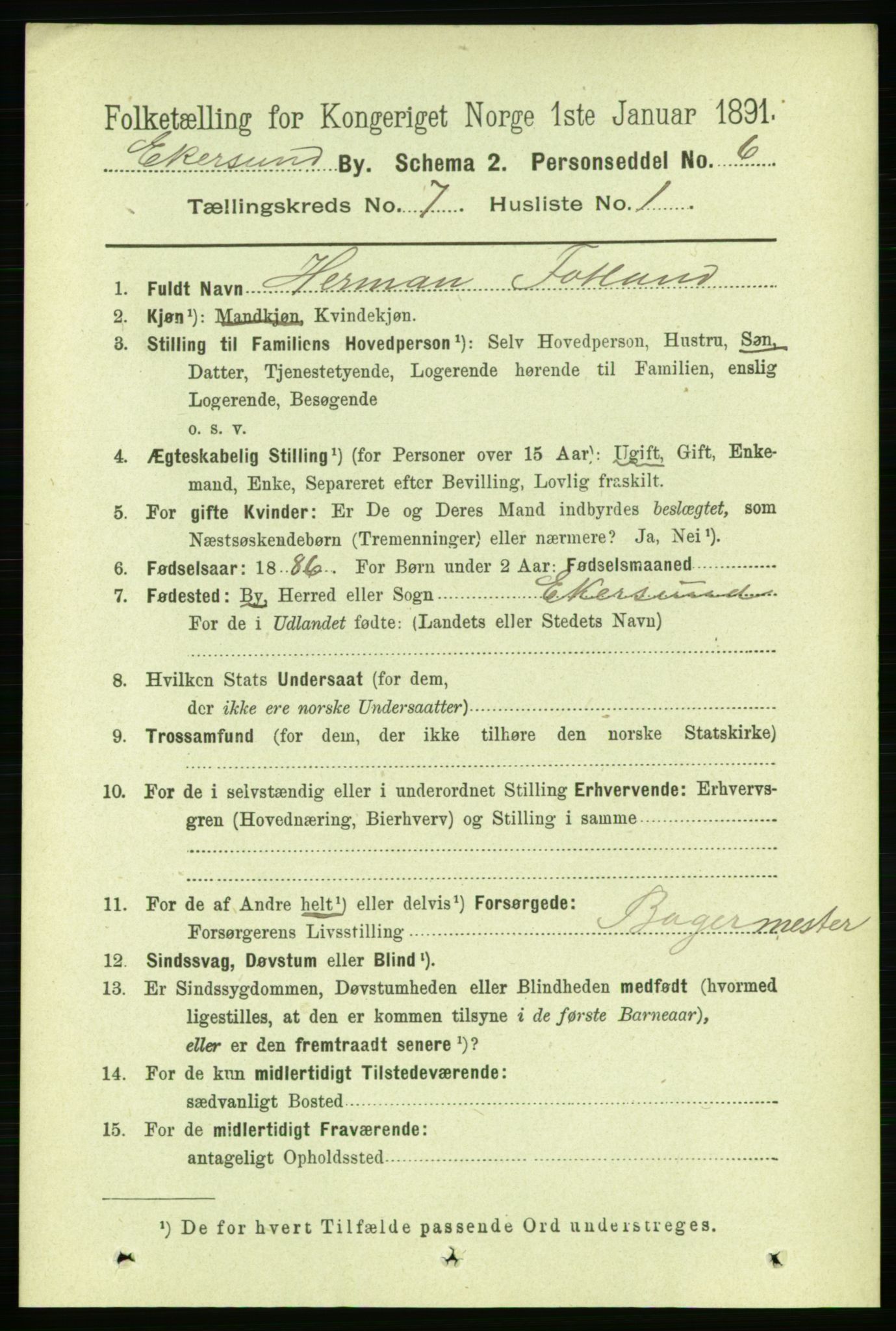 RA, 1891 census for 1101 Egersund, 1891, p. 1222