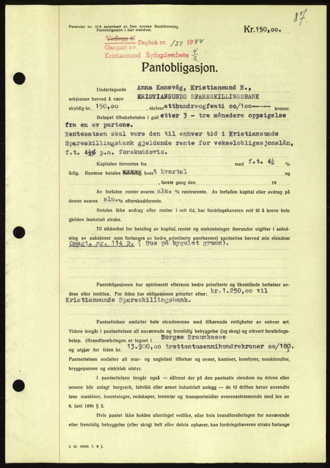 Kristiansund byfogd, AV/SAT-A-4587/A/27: Mortgage book no. 37-38, 1943-1945, Diary no: : 151/1944