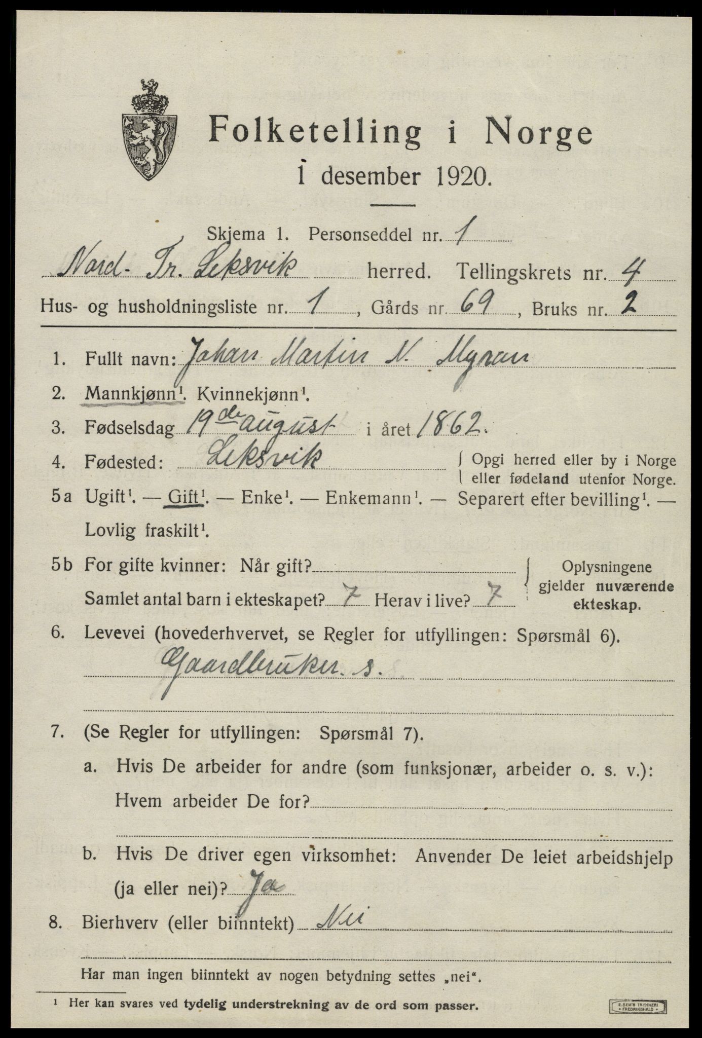 SAT, 1920 census for Leksvik, 1920, p. 3506