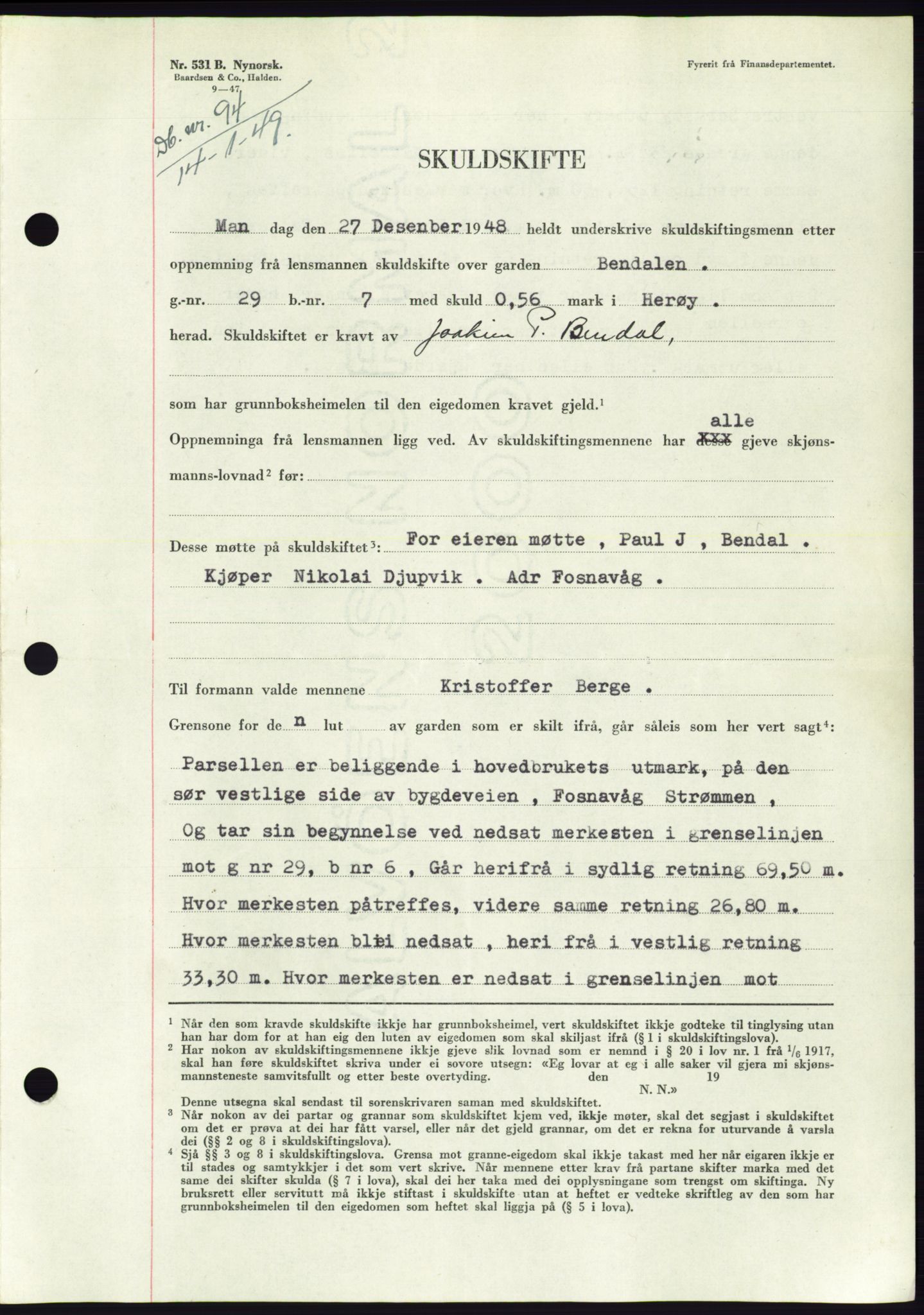 Søre Sunnmøre sorenskriveri, AV/SAT-A-4122/1/2/2C/L0083: Mortgage book no. 9A, 1948-1949, Diary no: : 94/1949