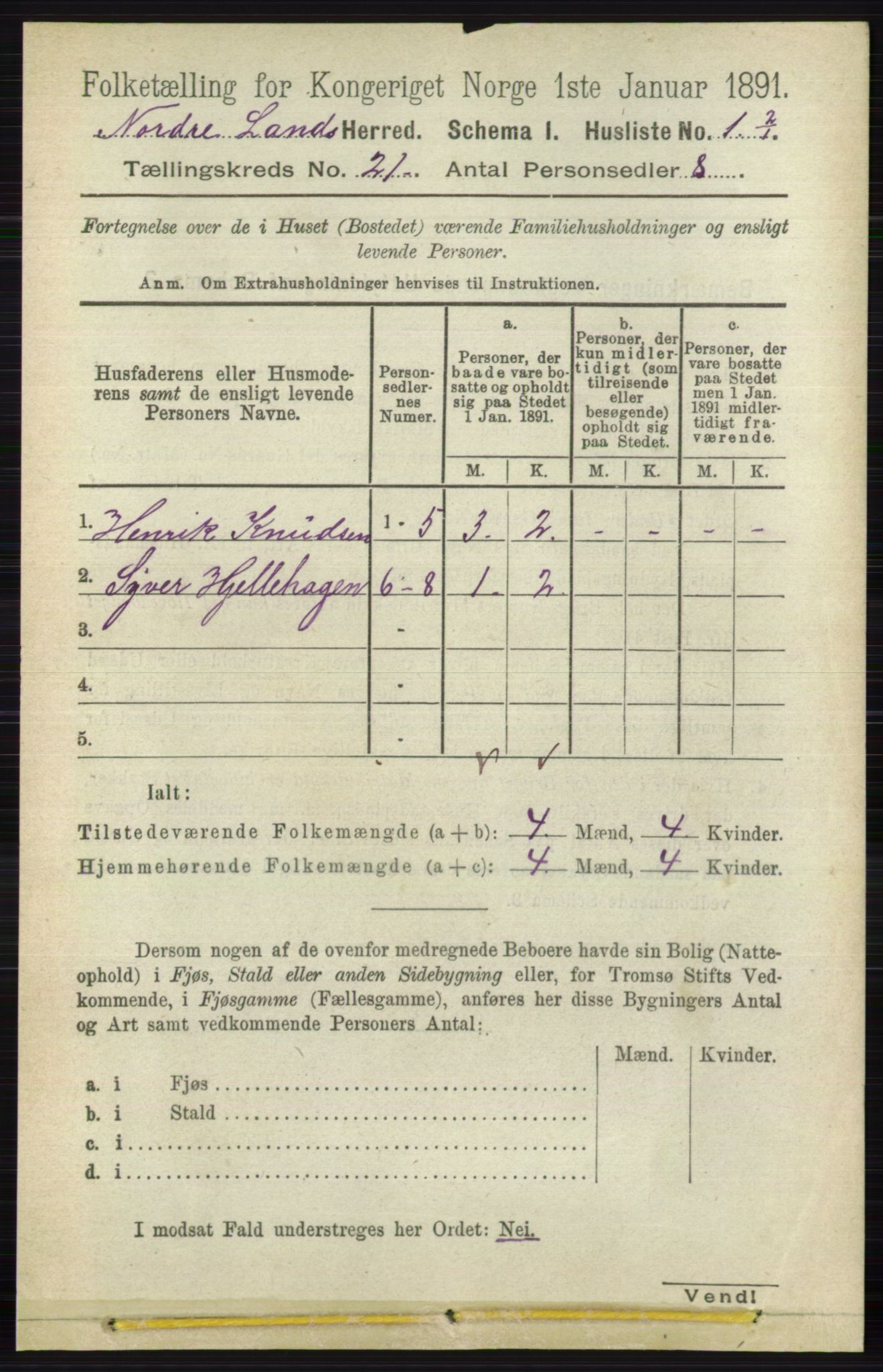 RA, 1891 census for 0538 Nordre Land, 1891, p. 5221