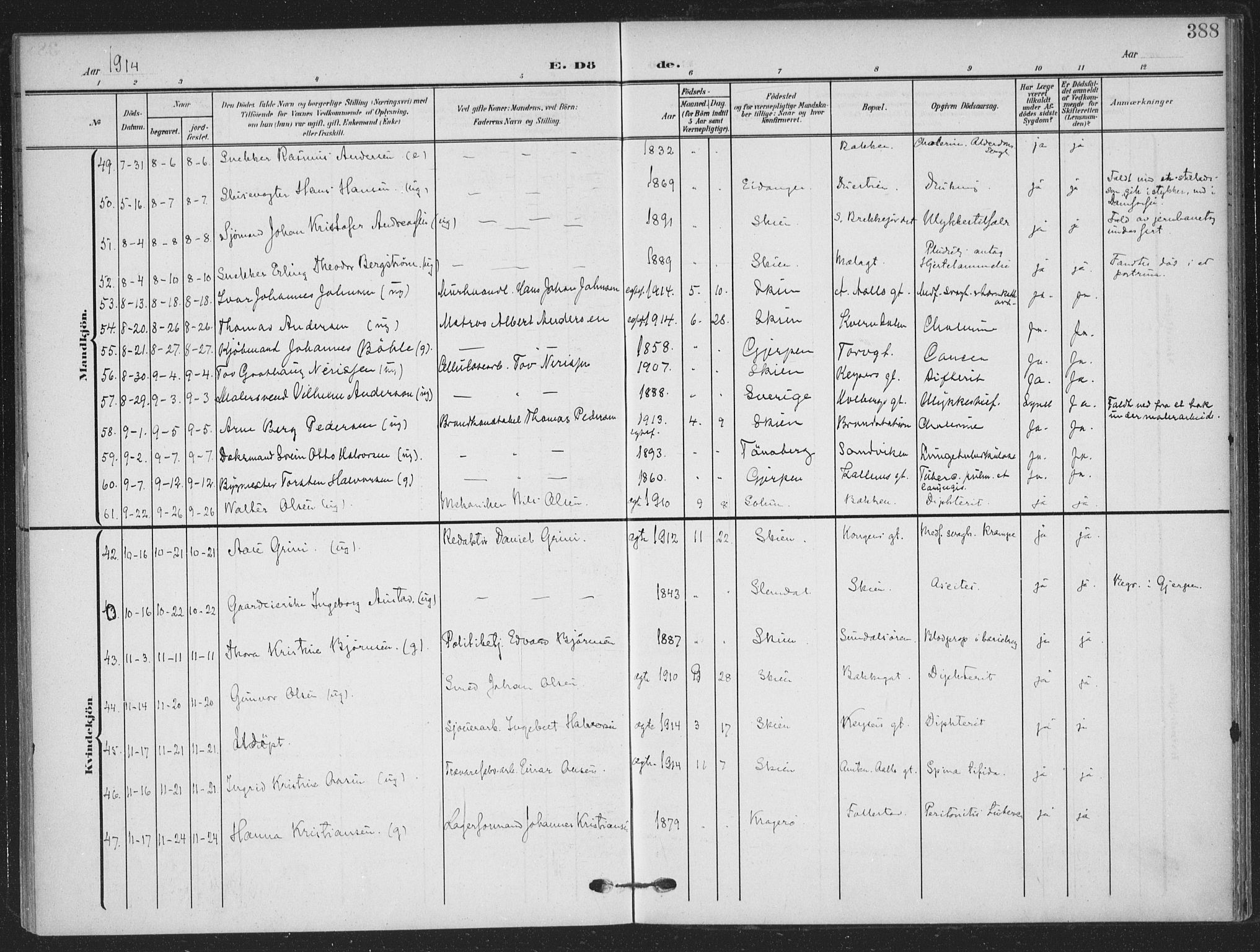 Skien kirkebøker, AV/SAKO-A-302/F/Fa/L0012: Parish register (official) no. 12, 1908-1914, p. 388