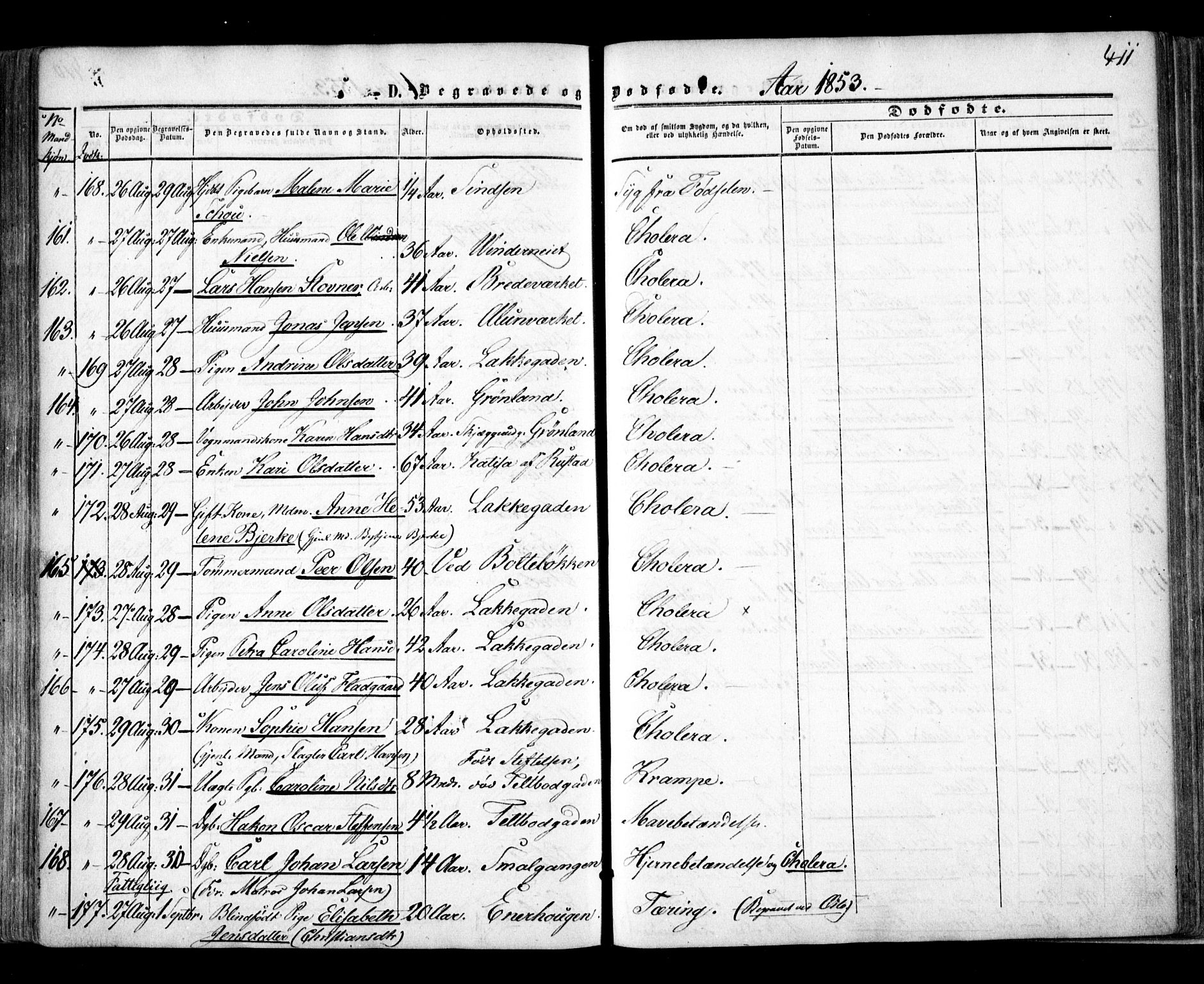 Aker prestekontor kirkebøker, AV/SAO-A-10861/F/L0020: Parish register (official) no. 20, 1853-1857, p. 411