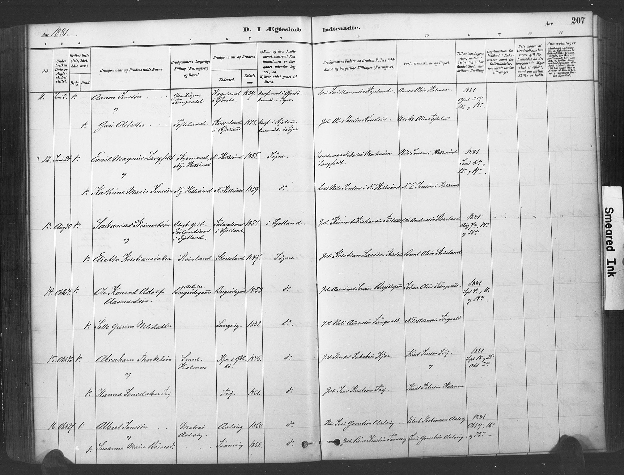 Søgne sokneprestkontor, SAK/1111-0037/F/Fa/Fab/L0012: Parish register (official) no. A 12, 1880-1891, p. 207
