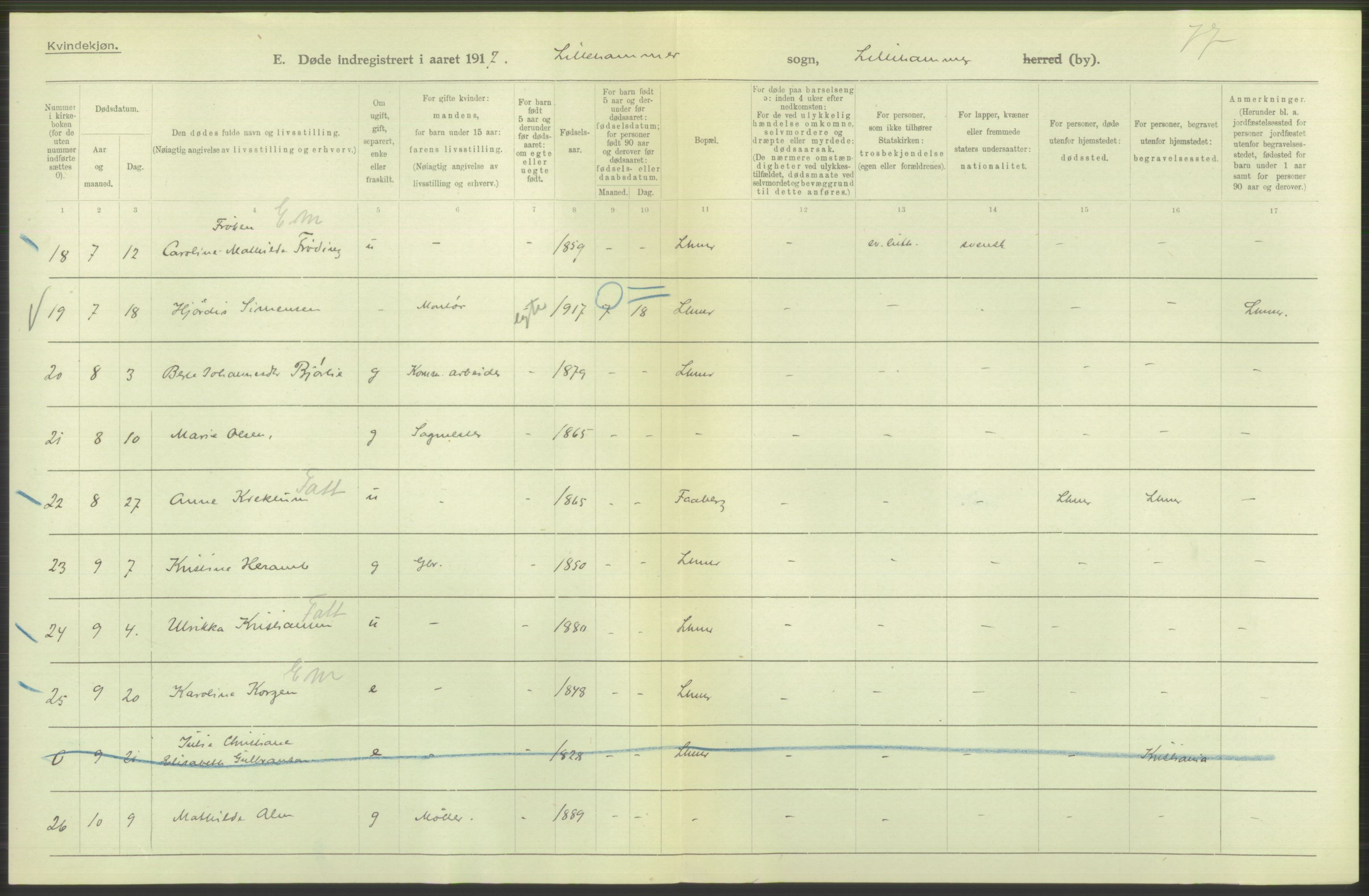 Statistisk sentralbyrå, Sosiodemografiske emner, Befolkning, AV/RA-S-2228/D/Df/Dfb/Dfbg/L0017: Kristians amt: Døde. Bygder, byer., 1917, p. 20