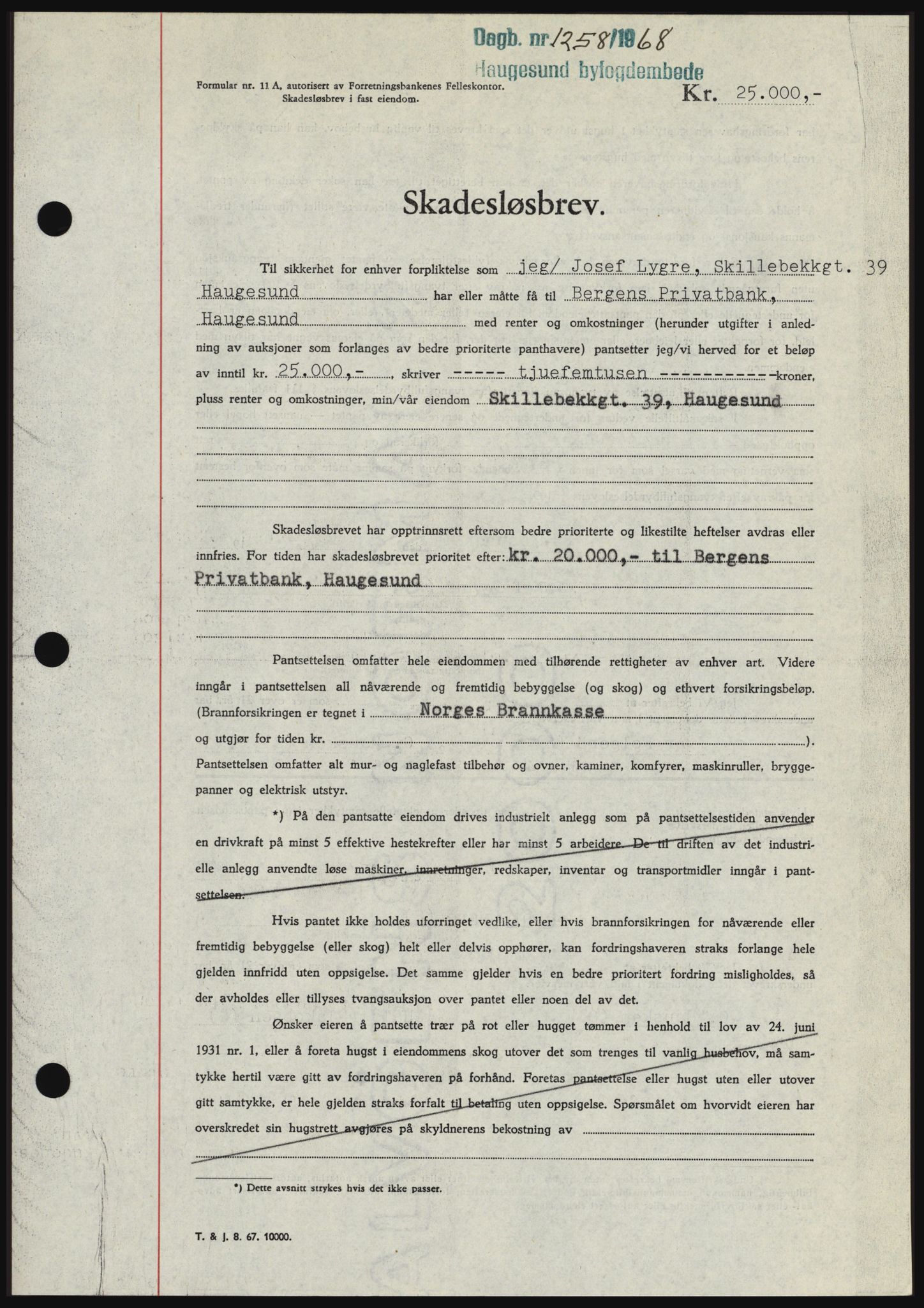 Haugesund tingrett, SAST/A-101415/01/II/IIC/L0058: Mortgage book no. B 58, 1967-1968, Diary no: : 1258/1968