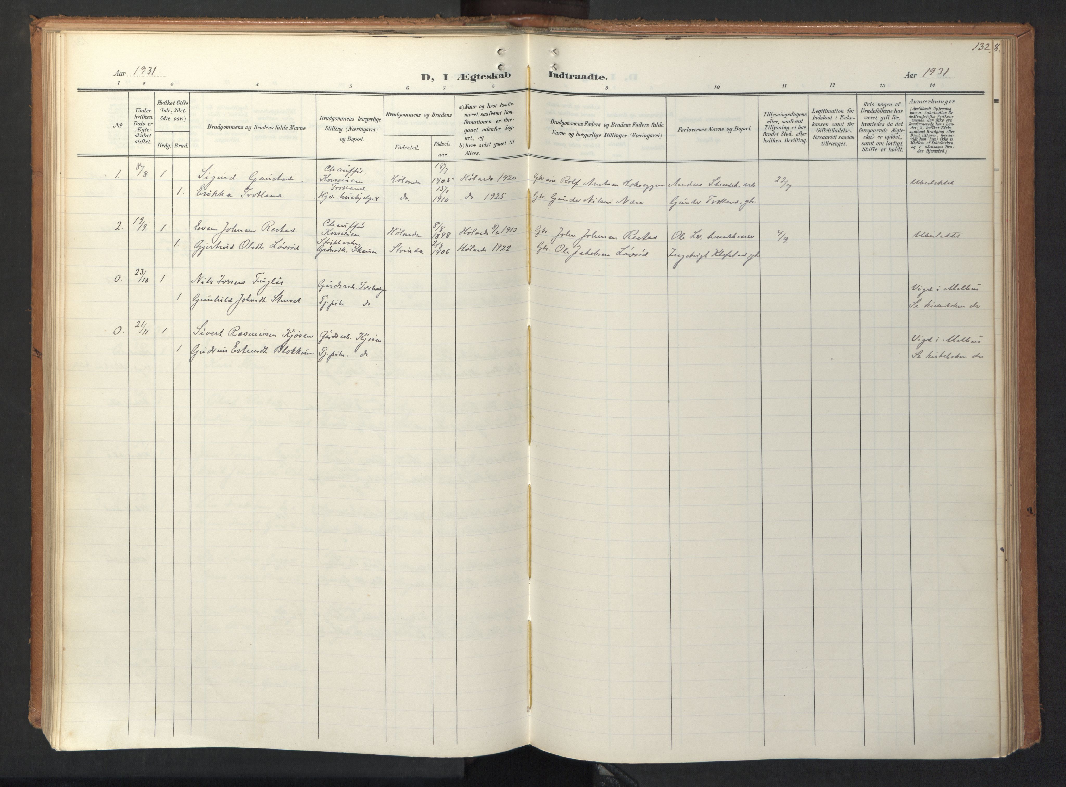 Ministerialprotokoller, klokkerbøker og fødselsregistre - Sør-Trøndelag, AV/SAT-A-1456/694/L1128: Parish register (official) no. 694A02, 1906-1931, p. 132