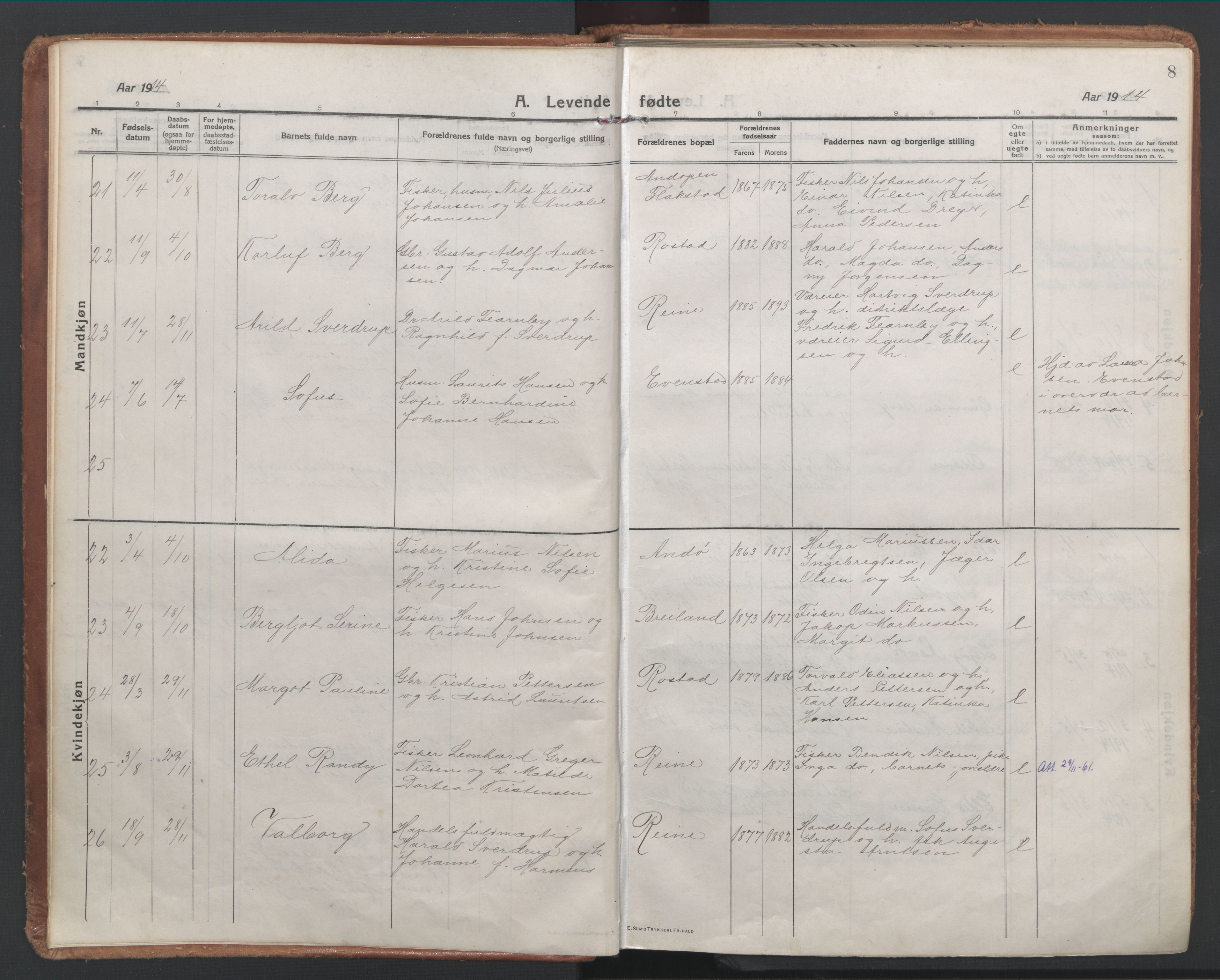 Ministerialprotokoller, klokkerbøker og fødselsregistre - Nordland, SAT/A-1459/886/L1222: Parish register (official) no. 886A04, 1914-1926, p. 8