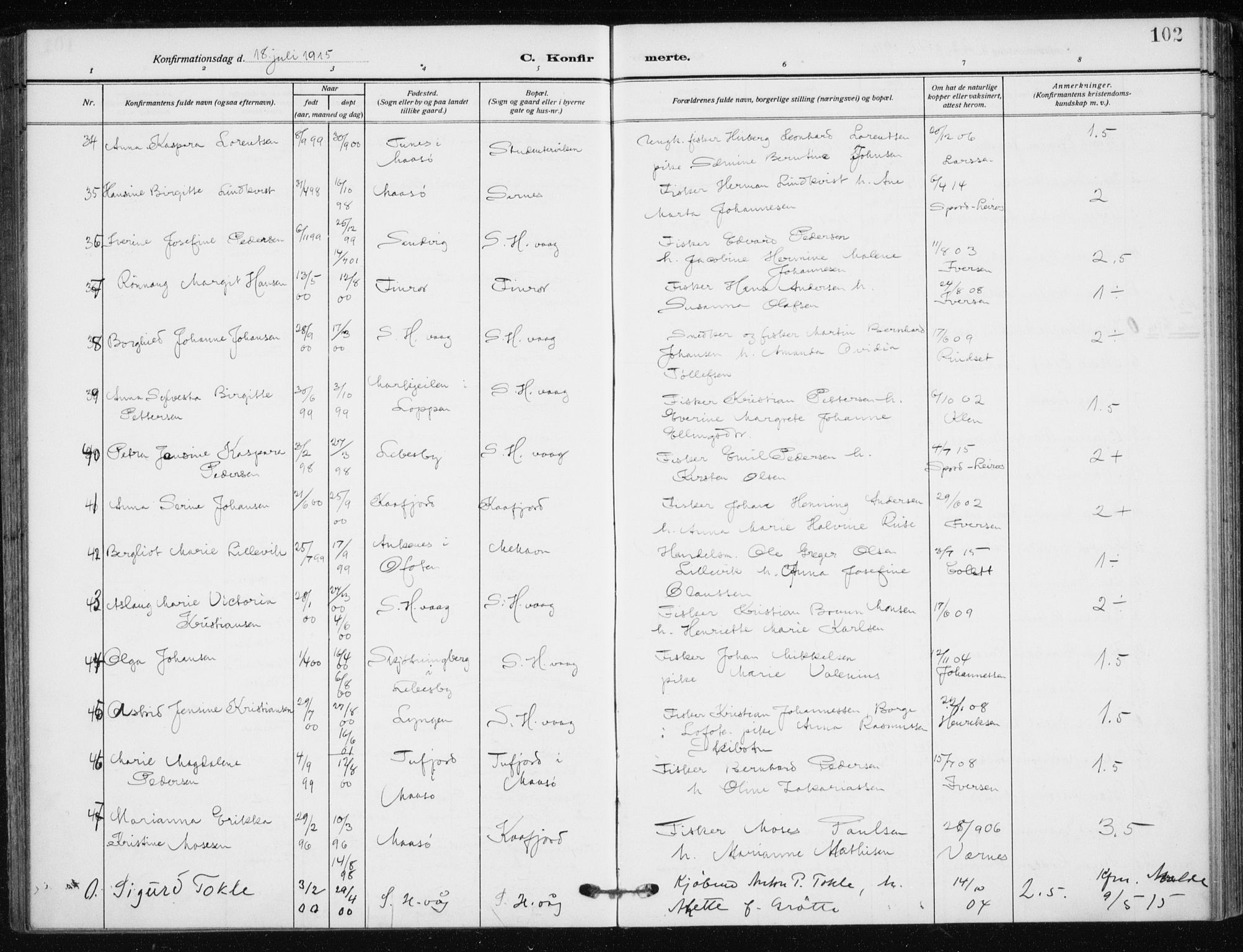 Kjelvik/Nordkapp sokneprestkontor, SATØ/S-1350/H/Ha/L0001kirke: Parish register (official) no. 1, 1911-1919, p. 102