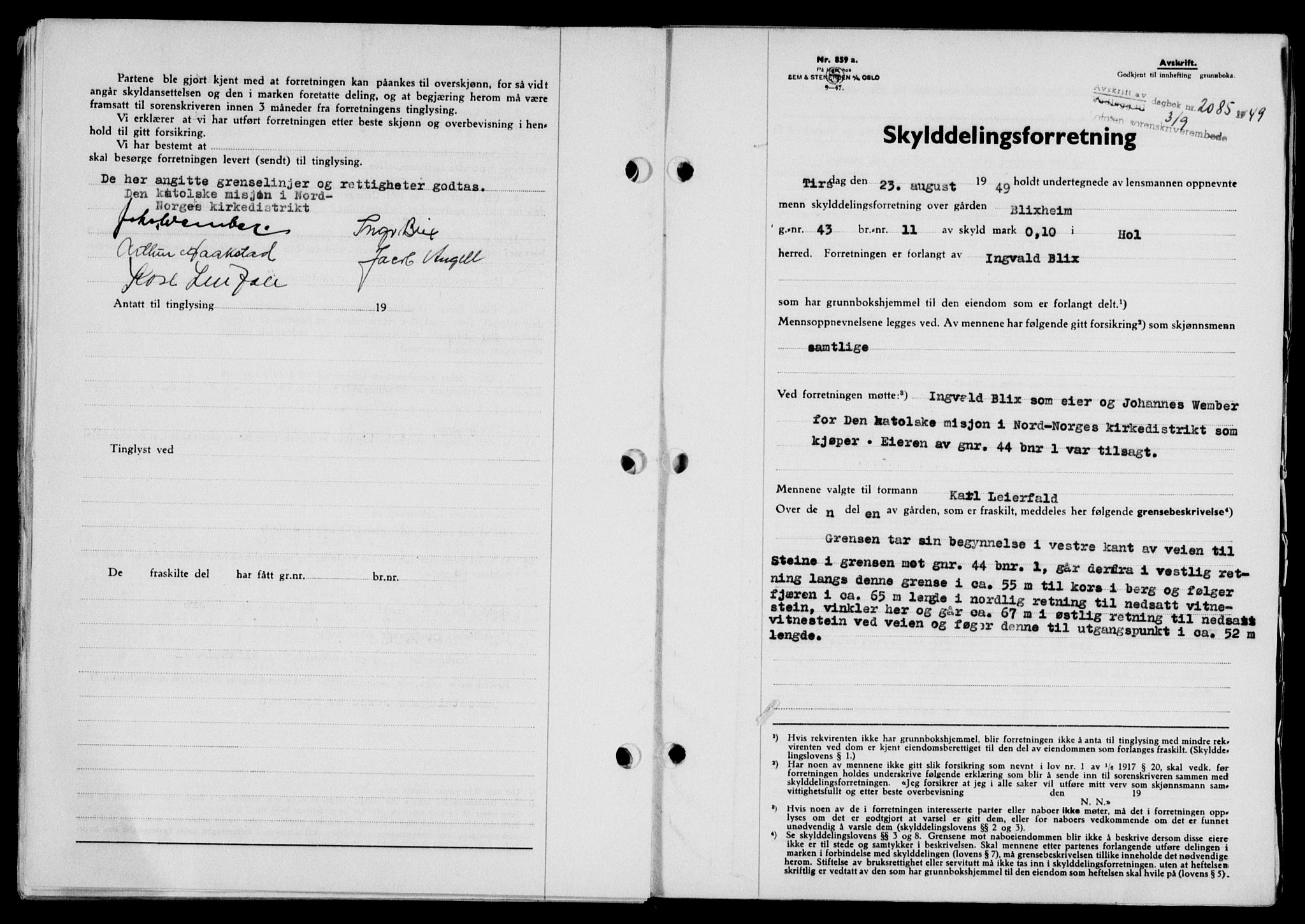 Lofoten sorenskriveri, SAT/A-0017/1/2/2C/L0021a: Mortgage book no. 21a, 1949-1949, Diary no: : 2085/1949