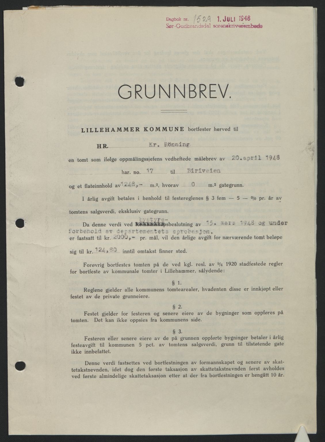 Sør-Gudbrandsdal tingrett, SAH/TING-004/H/Hb/Hbd/L0022: Mortgage book no. A22, 1948-1948, Diary no: : 1529/1948