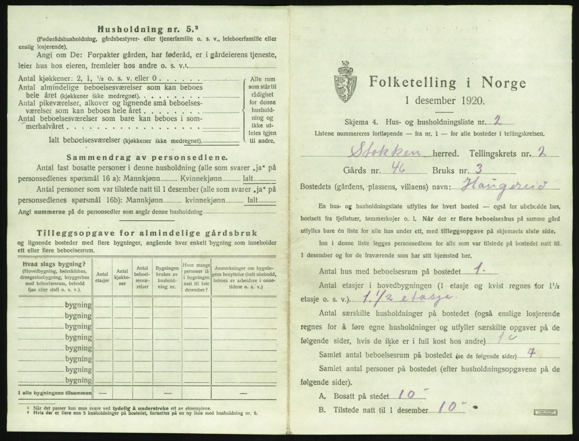 SAK, 1920 census for Stokken, 1920, p. 222