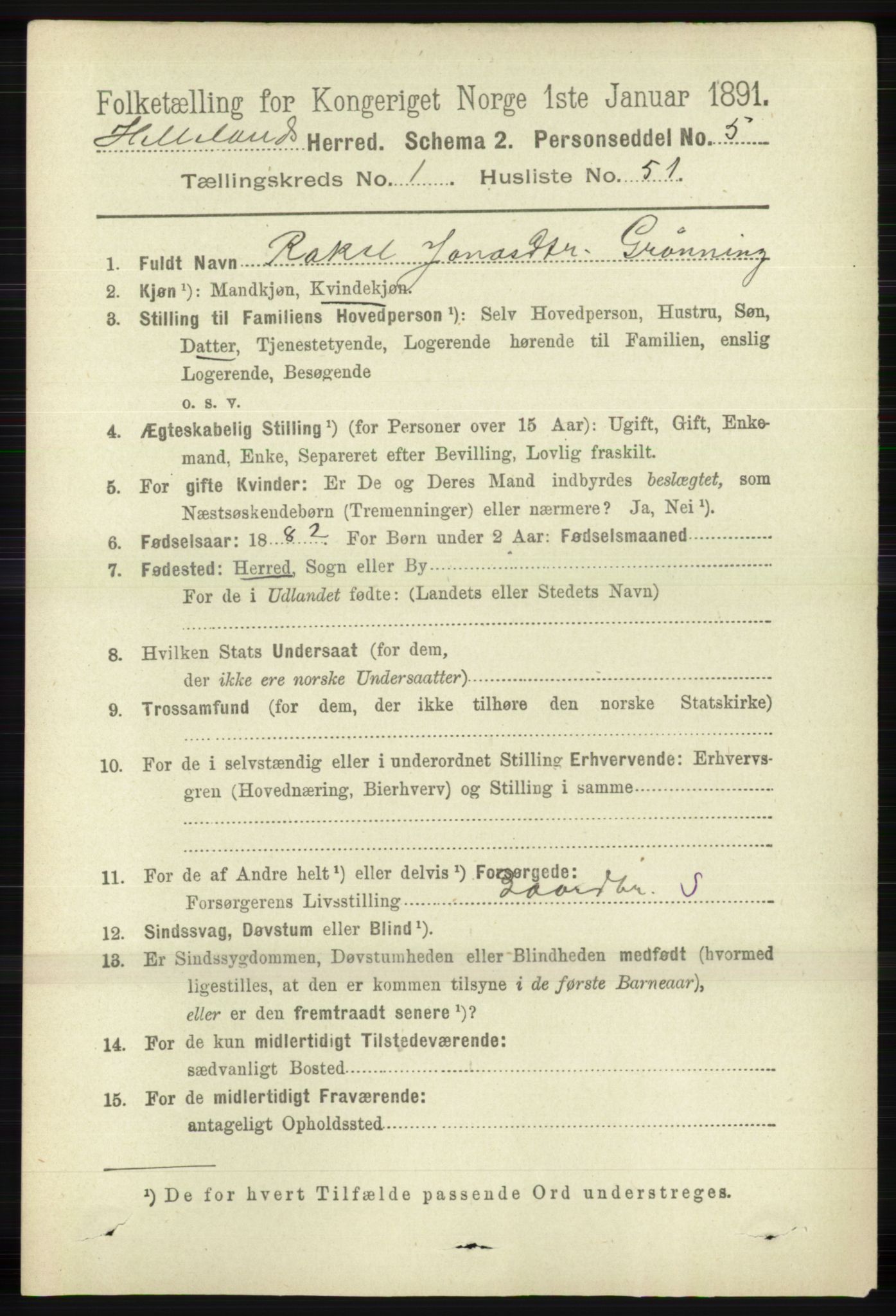 RA, 1891 census for 1115 Helleland, 1891, p. 366