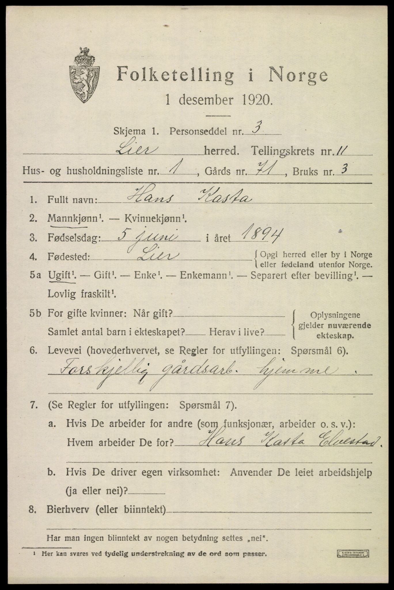 SAKO, 1920 census for Lier, 1920, p. 17262