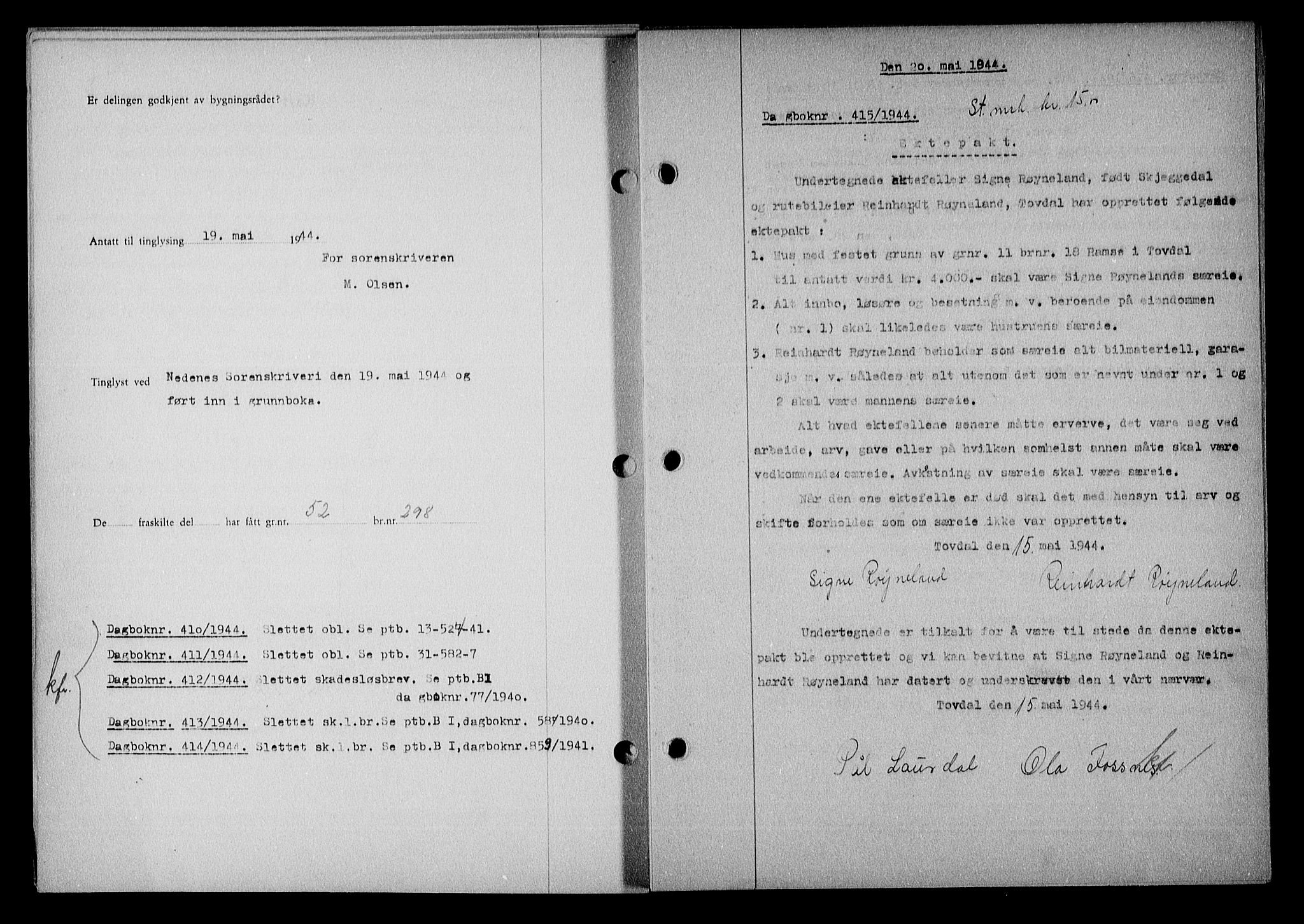 Nedenes sorenskriveri, SAK/1221-0006/G/Gb/Gba/L0051: Mortgage book no. A-V, 1943-1944, Diary no: : 415/1944
