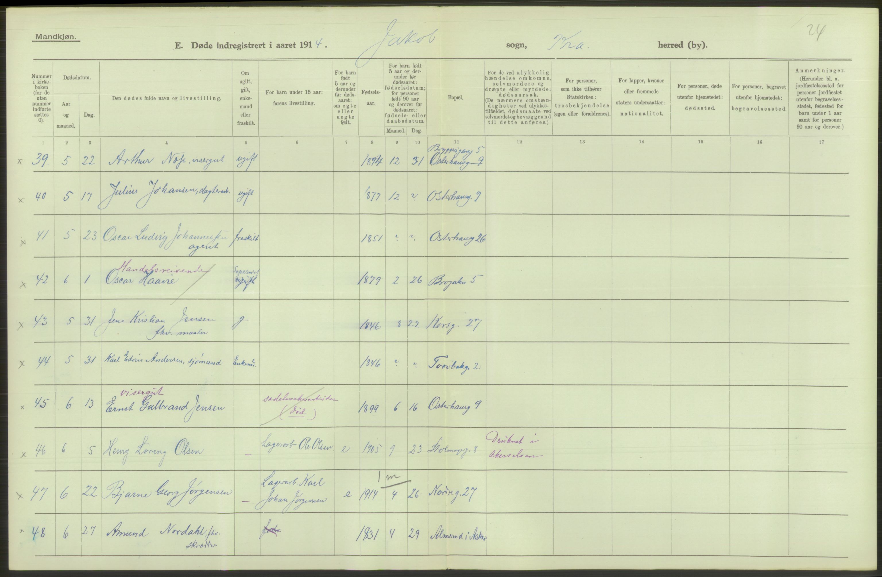 Statistisk sentralbyrå, Sosiodemografiske emner, Befolkning, AV/RA-S-2228/D/Df/Dfb/Dfbd/L0008: Kristiania: Døde, 1914, p. 556