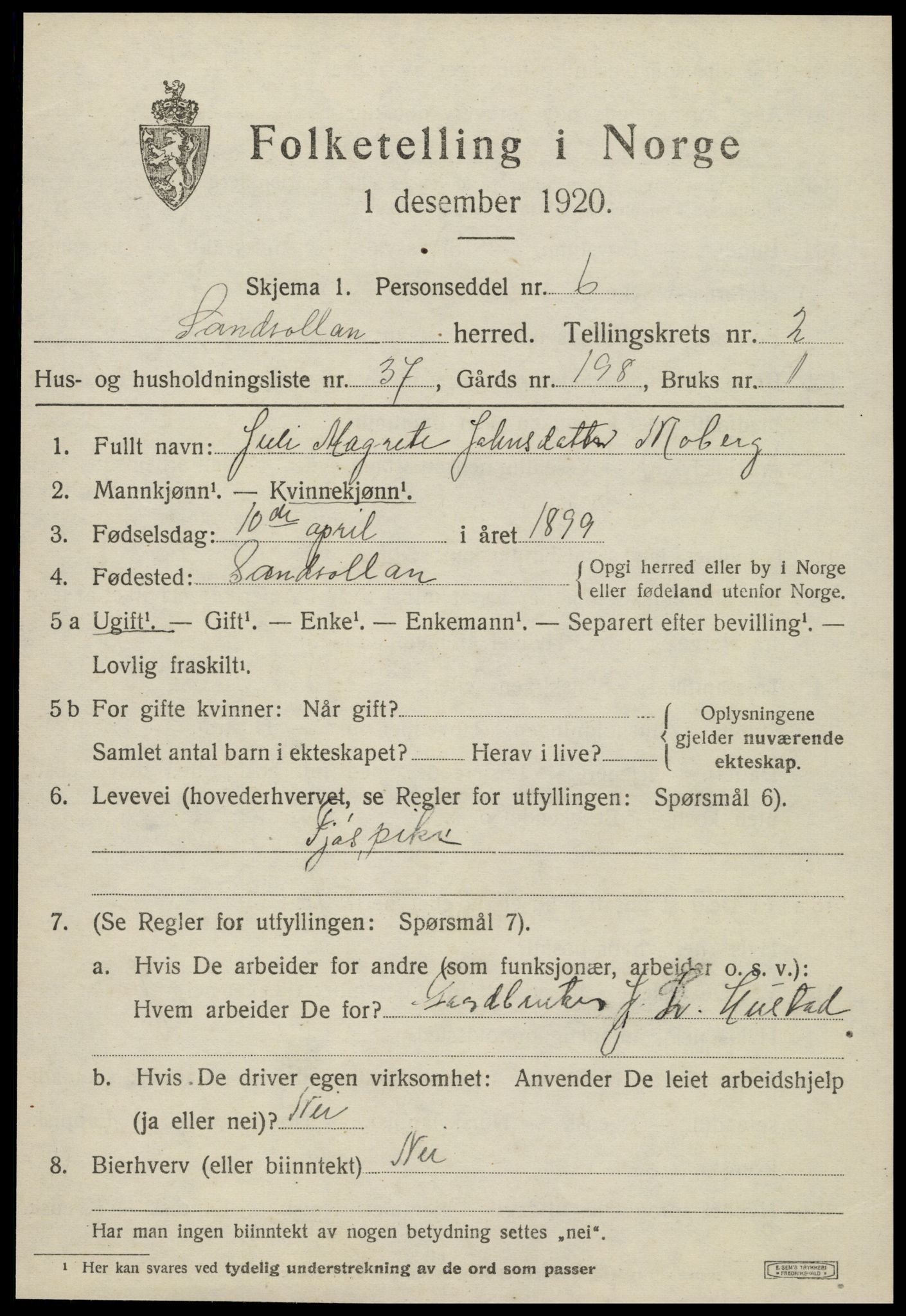 SAT, 1920 census for Sandvollan, 1920, p. 1097