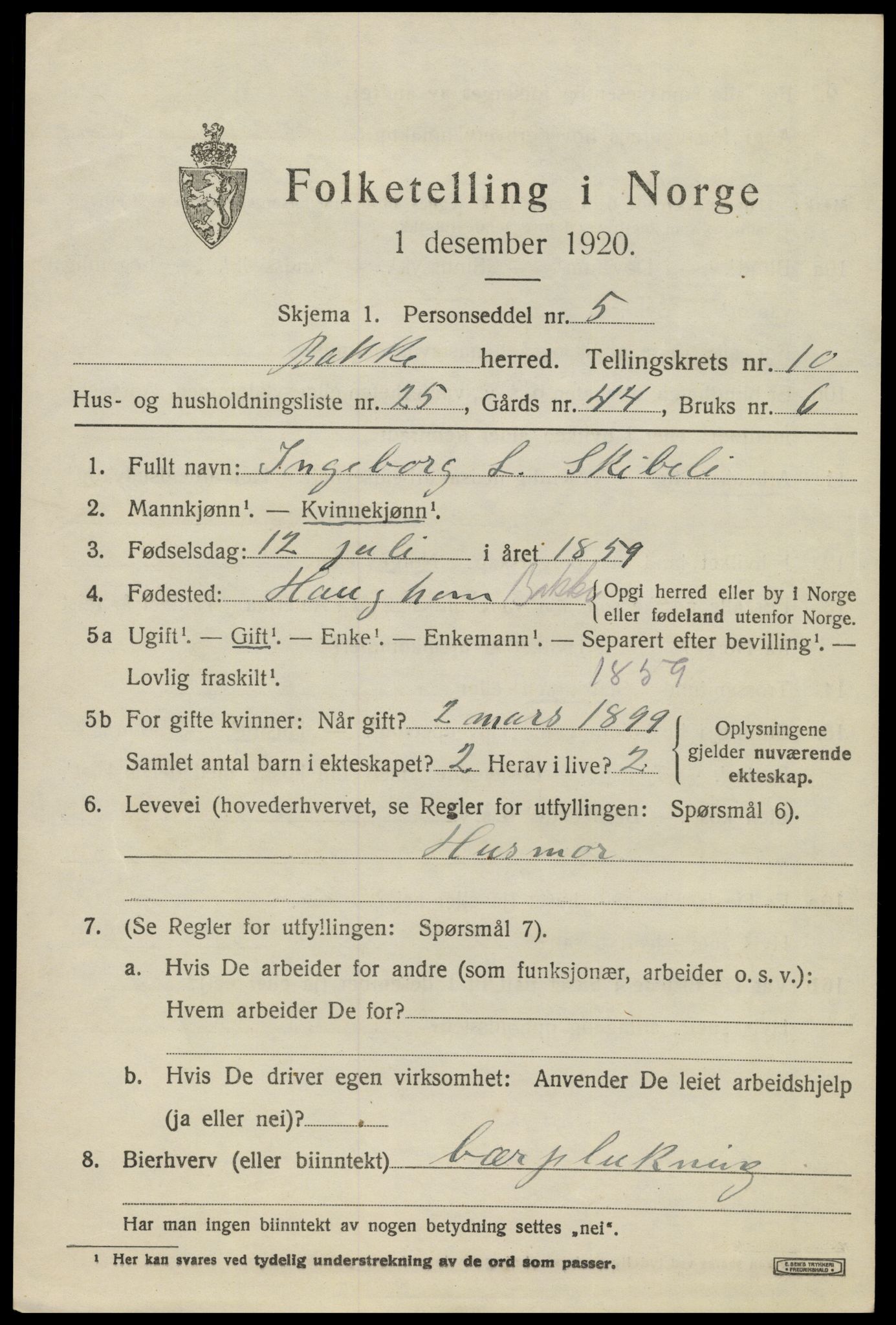 SAK, 1920 census for Bakke, 1920, p. 2822