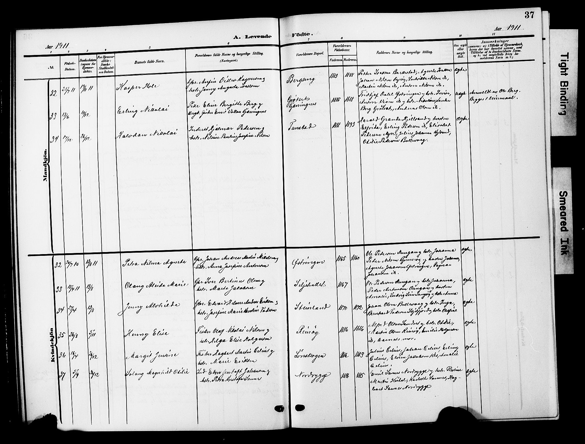 Ministerialprotokoller, klokkerbøker og fødselsregistre - Nordland, AV/SAT-A-1459/893/L1350: Parish register (copy) no. 893C05, 1906-1927, p. 37