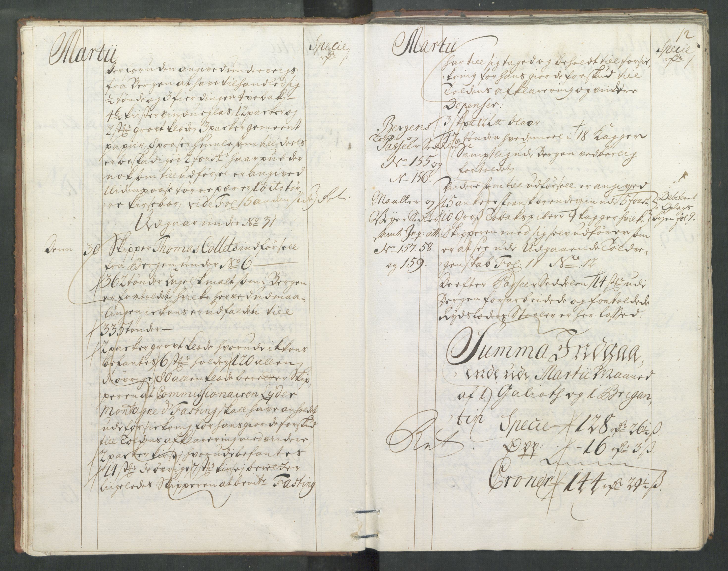 Generaltollkammeret, tollregnskaper, RA/EA-5490/R33/L0013/0001: Tollregnskaper Trondheim A / Inngående tollbok, 1731, p. 11b-12a