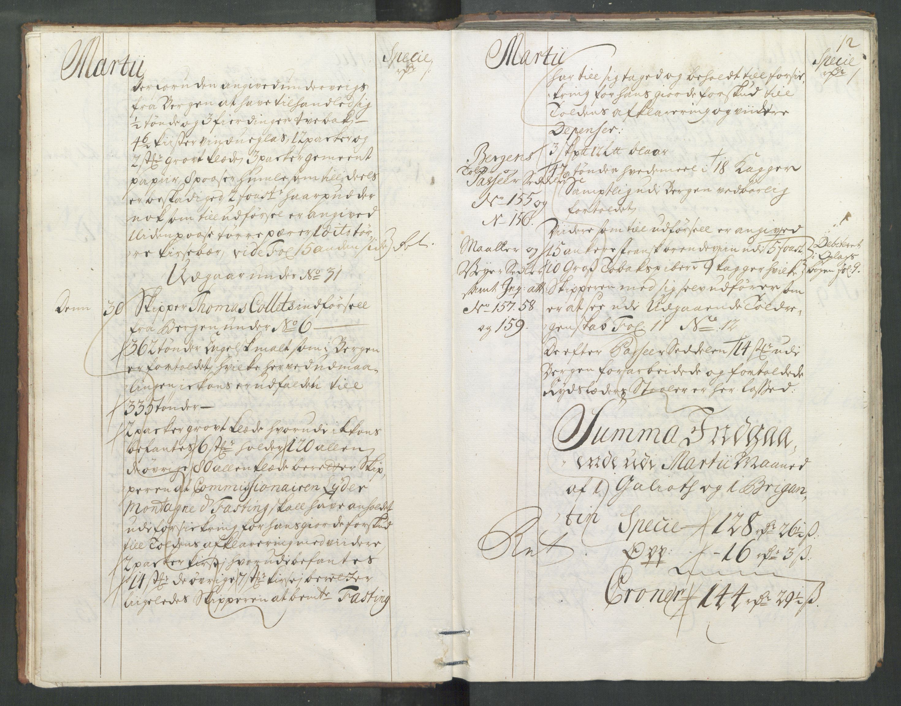 Generaltollkammeret, tollregnskaper, AV/RA-EA-5490/R33/L0013/0001: Tollregnskaper Trondheim A / Inngående tollbok, 1731, p. 11b-12a
