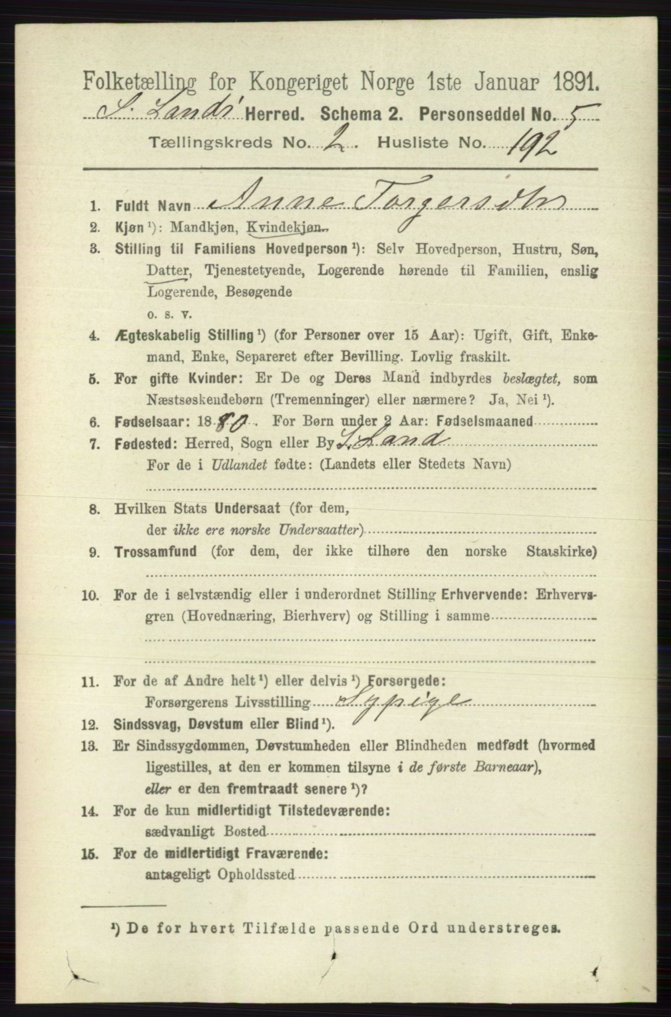 RA, 1891 census for 0536 Søndre Land, 1891, p. 2252