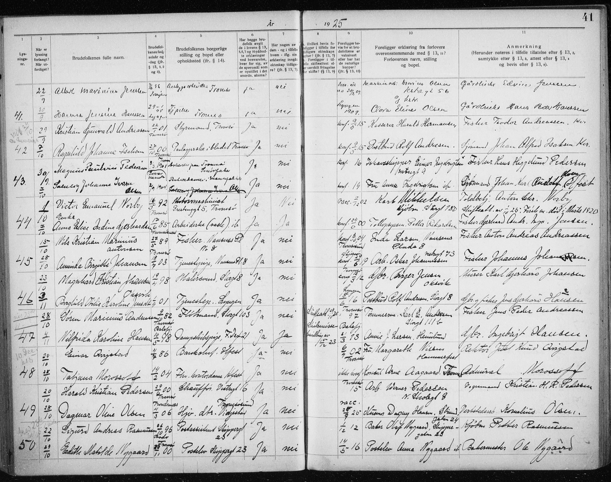 Tromsø sokneprestkontor/stiftsprosti/domprosti, AV/SATØ-S-1343/H/Hc/L0100: Banns register no. 100, 1919-1933, p. 41