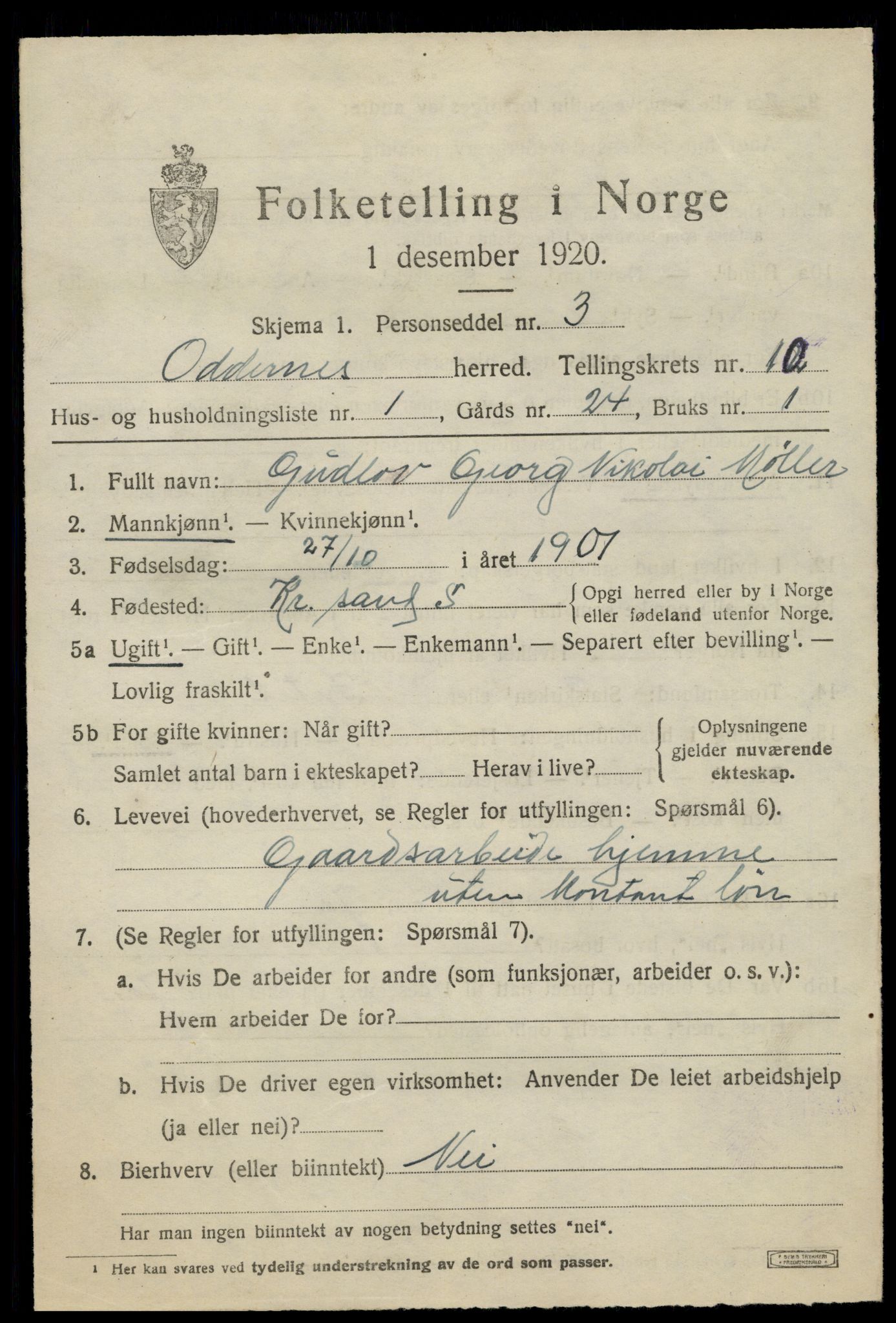 SAK, 1920 census for Oddernes, 1920, p. 6371