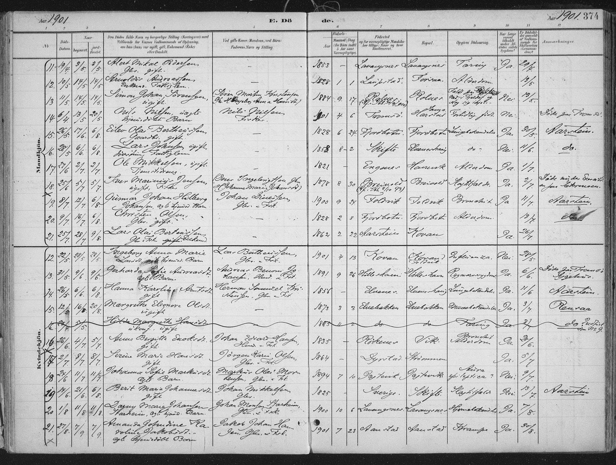 Ibestad sokneprestembete, AV/SATØ-S-0077/H/Ha/Haa/L0017kirke: Parish register (official) no. 17, 1901-1914, p. 374