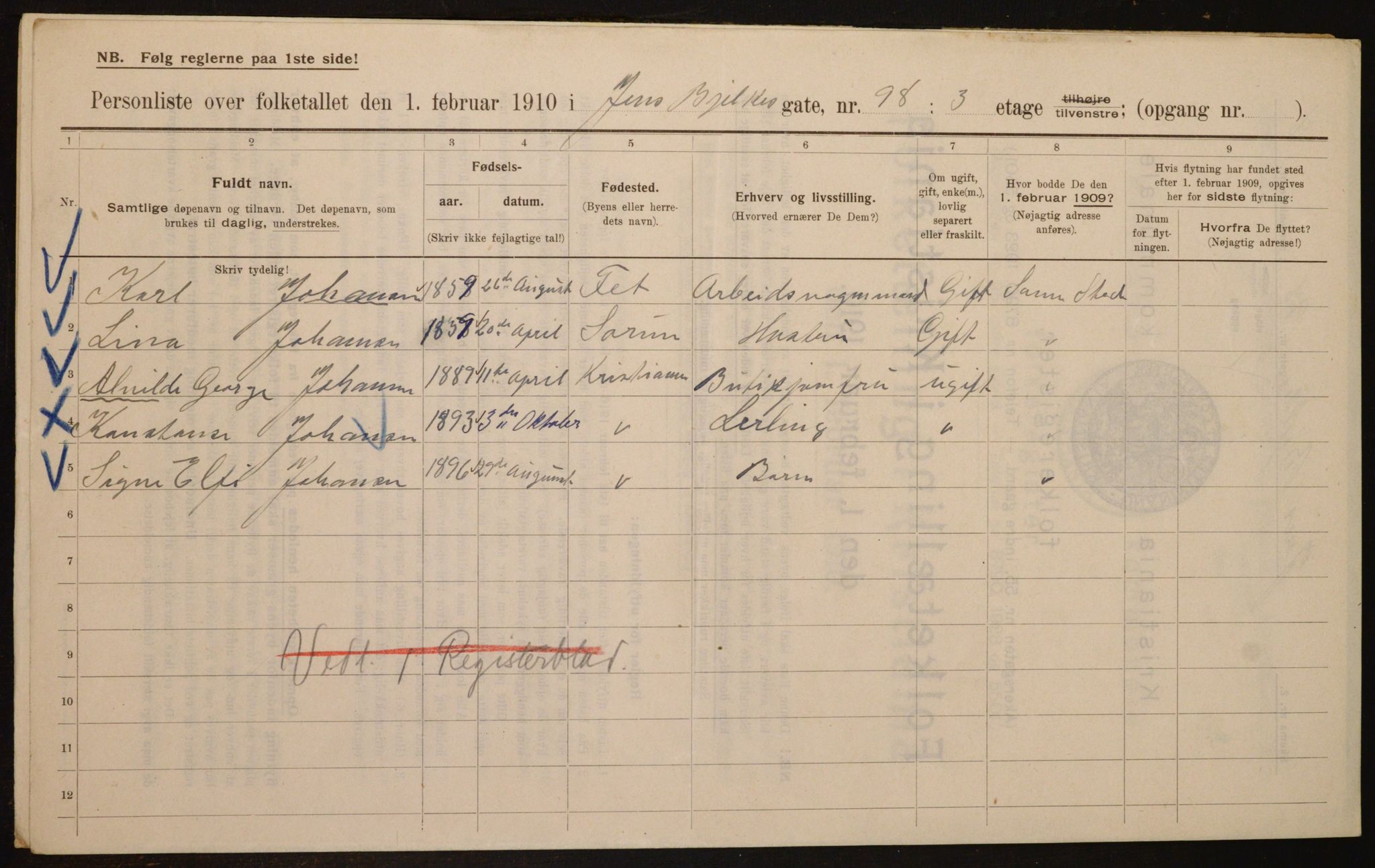 OBA, Municipal Census 1910 for Kristiania, 1910, p. 45470