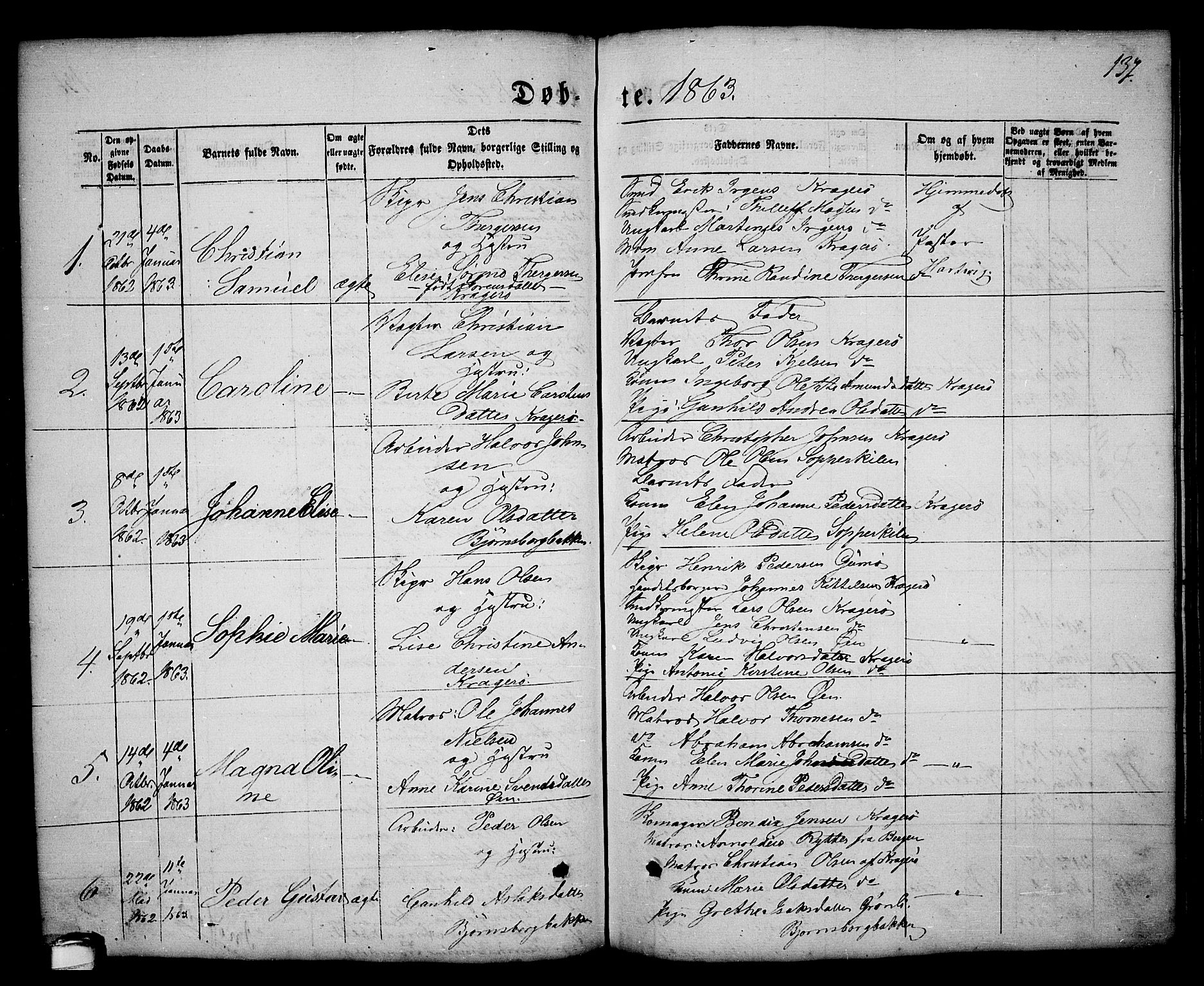 Kragerø kirkebøker, SAKO/A-278/G/Ga/L0004: Parish register (copy) no. 4, 1853-1865, p. 137