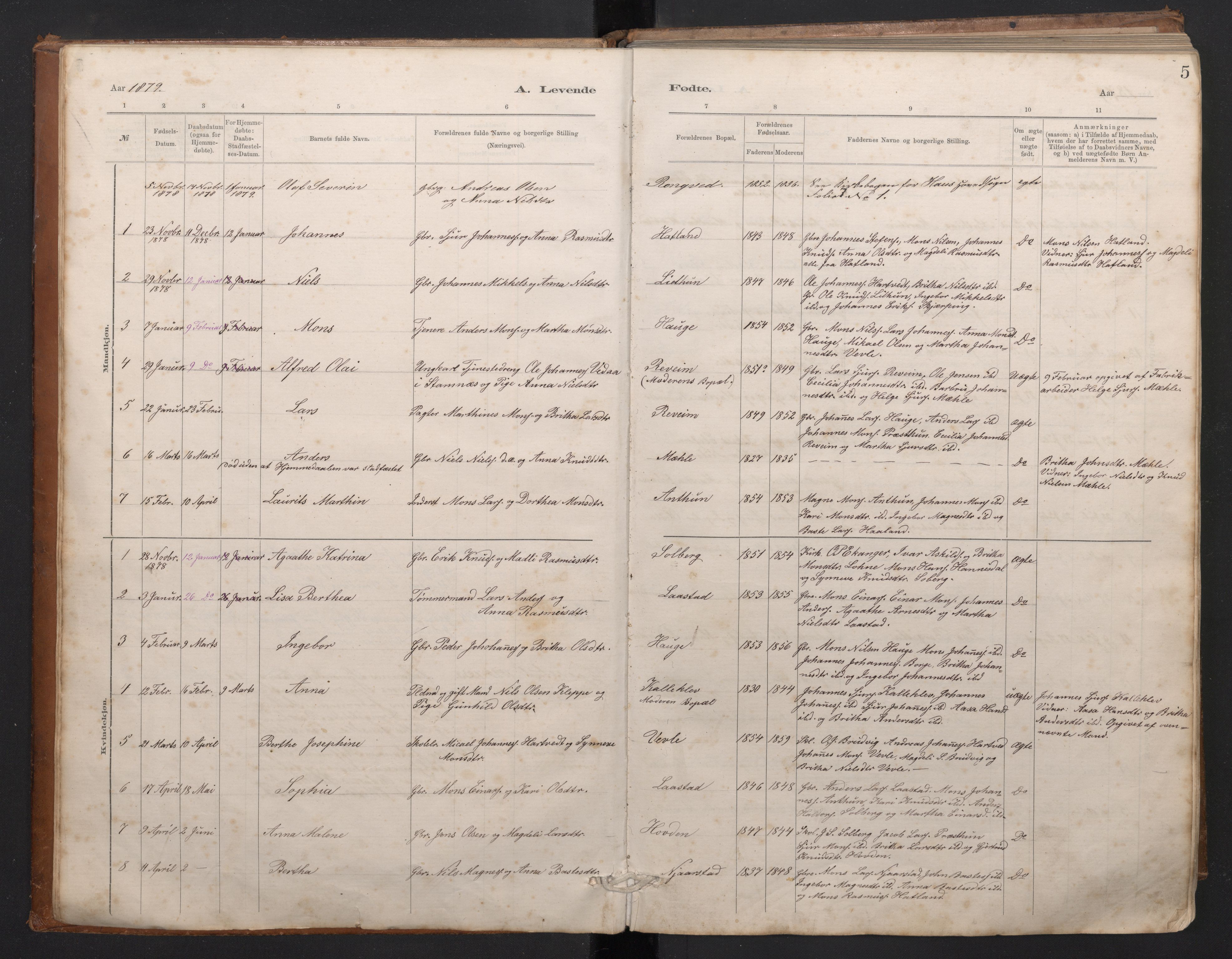 Haus sokneprestembete, AV/SAB-A-75601/H/Hab: Parish register (copy) no. C 2, 1878-1892, p. 4b-5a