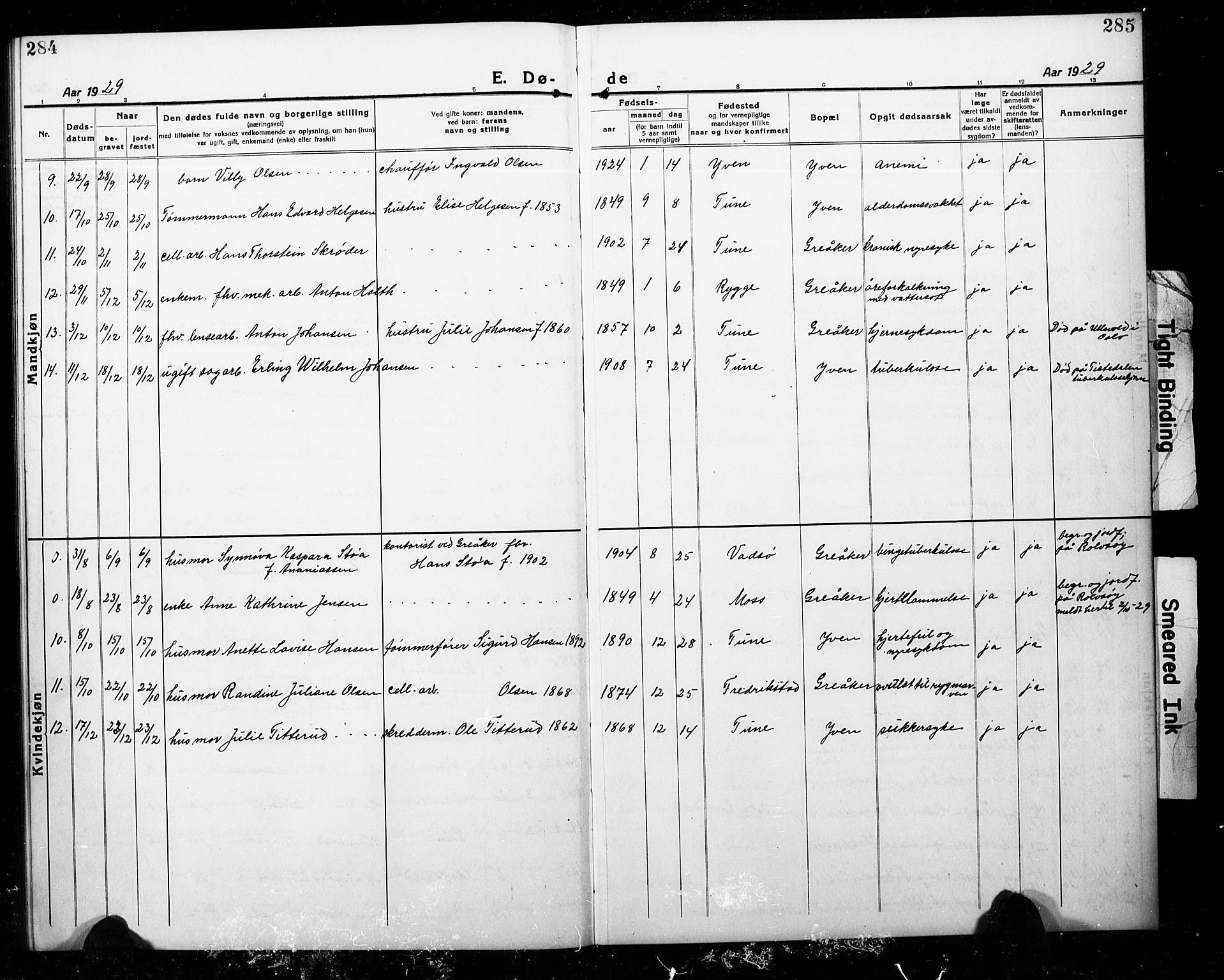 Tune prestekontor Kirkebøker, AV/SAO-A-2007/G/Gc/L0001: Parish register (copy) no. III 1, 1920-1930, p. 284-285