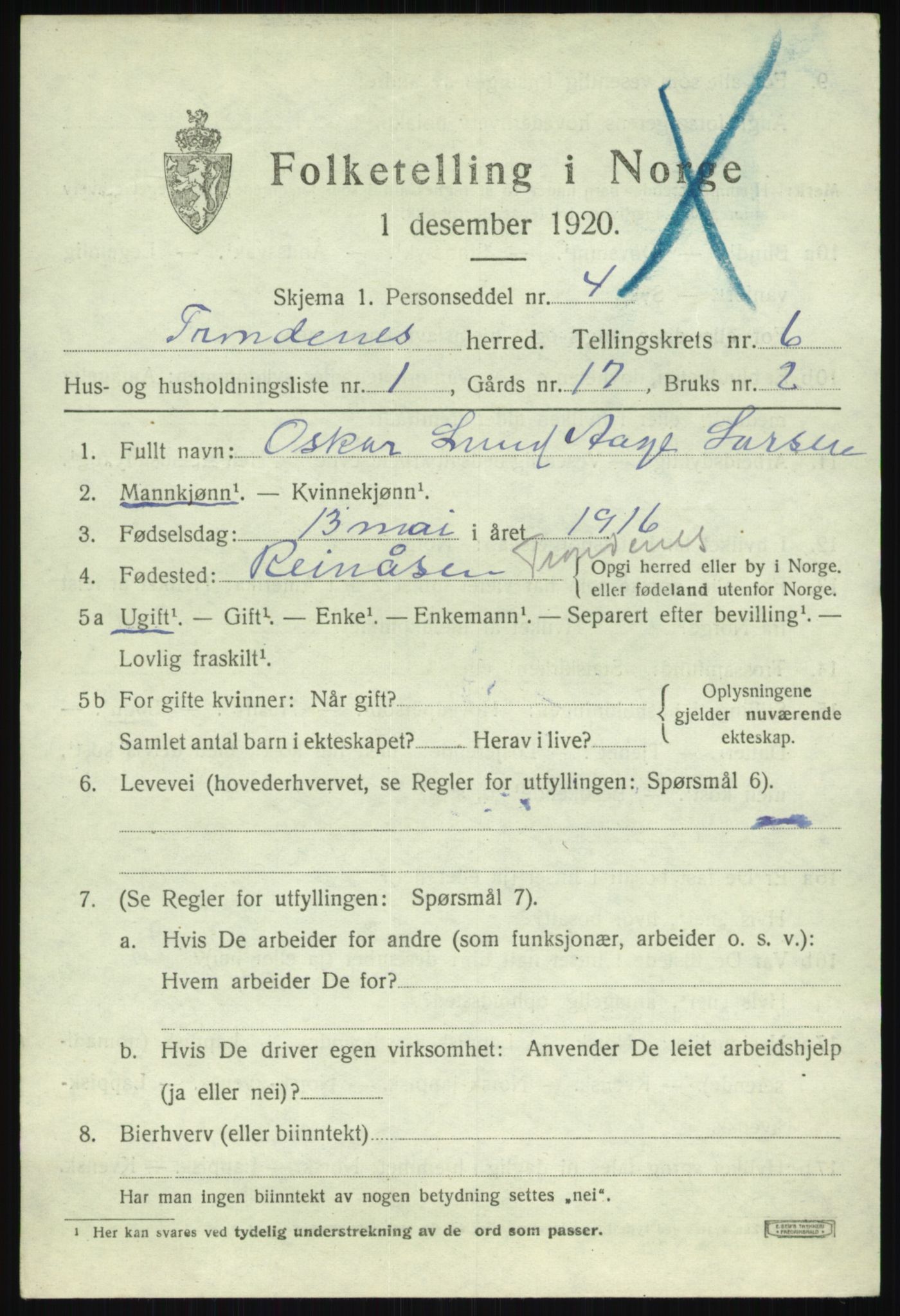 SATØ, 1920 census for Trondenes, 1920, p. 6185