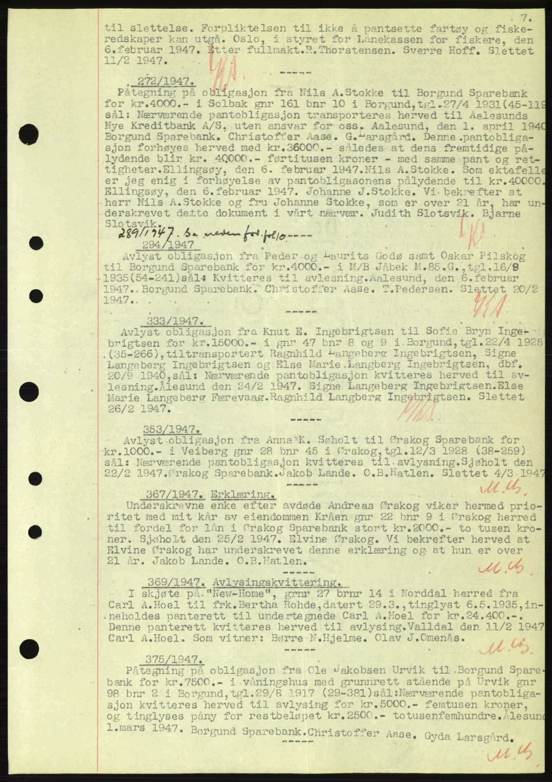 Nordre Sunnmøre sorenskriveri, SAT/A-0006/1/2/2C/2Ca: Mortgage book no. B6-14 a, 1942-1945, Diary no: : 272/1947