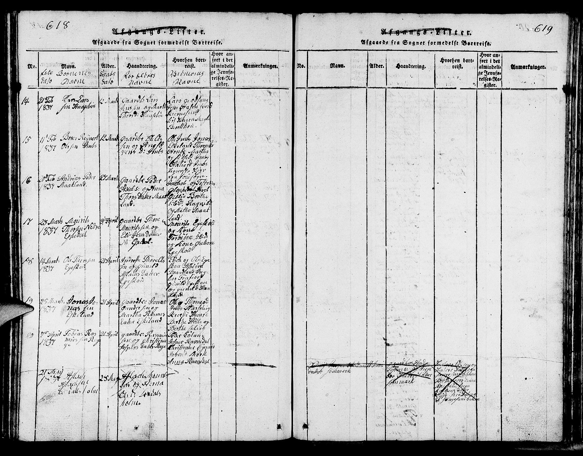 Strand sokneprestkontor, AV/SAST-A-101828/H/Ha/Hab/L0002: Parish register (copy) no. B 2, 1816-1854, p. 618-619