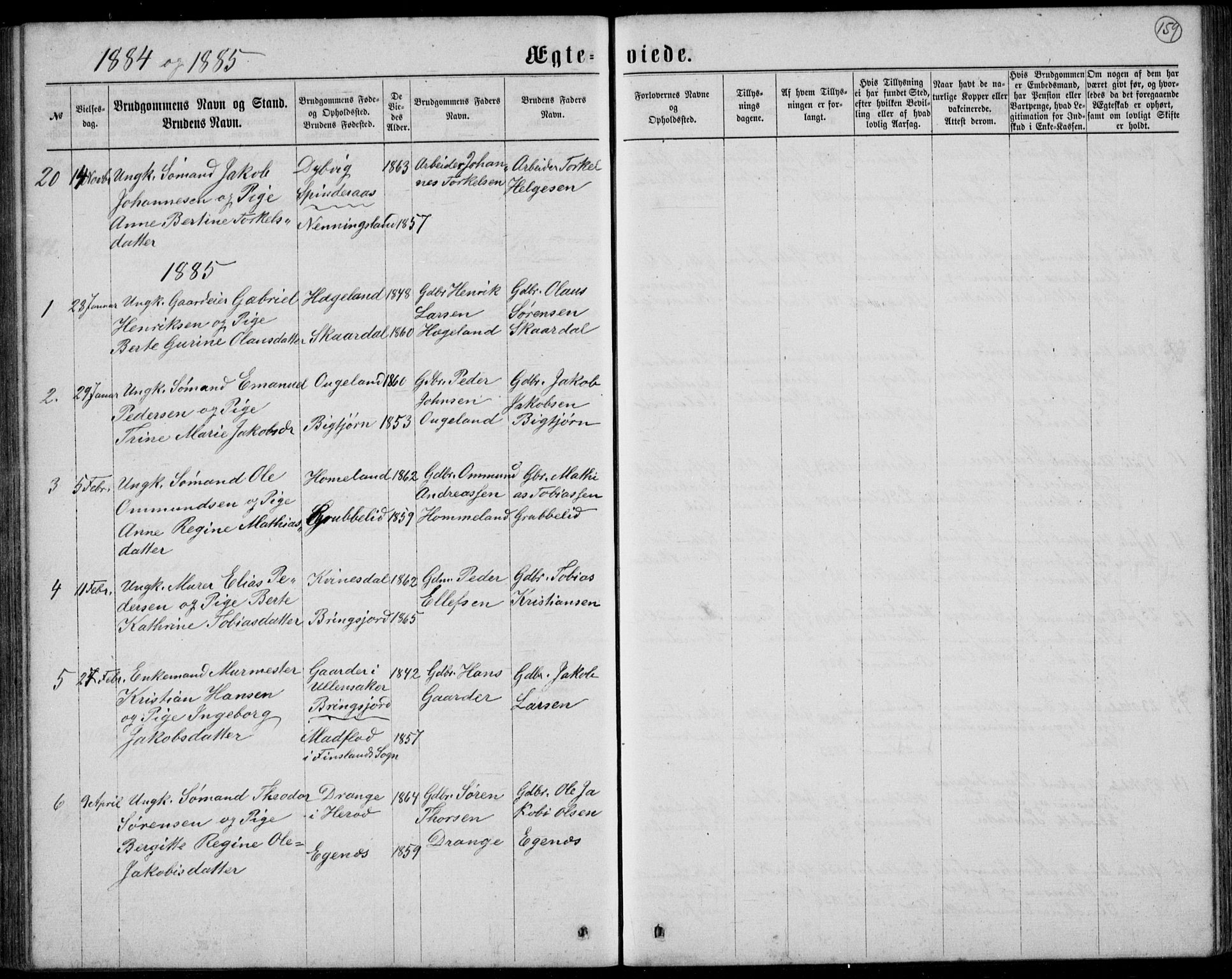 Lyngdal sokneprestkontor, SAK/1111-0029/F/Fb/Fbc/L0004: Parish register (copy) no. B 4, 1878-1896, p. 159