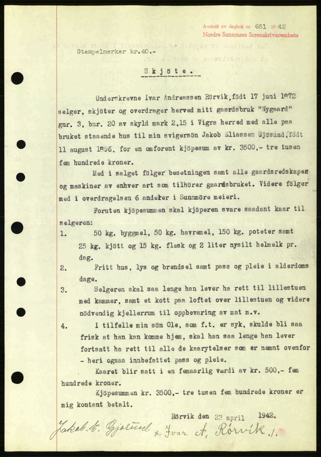 Nordre Sunnmøre sorenskriveri, AV/SAT-A-0006/1/2/2C/2Ca: Mortgage book no. A13, 1942-1942, Diary no: : 651/1942