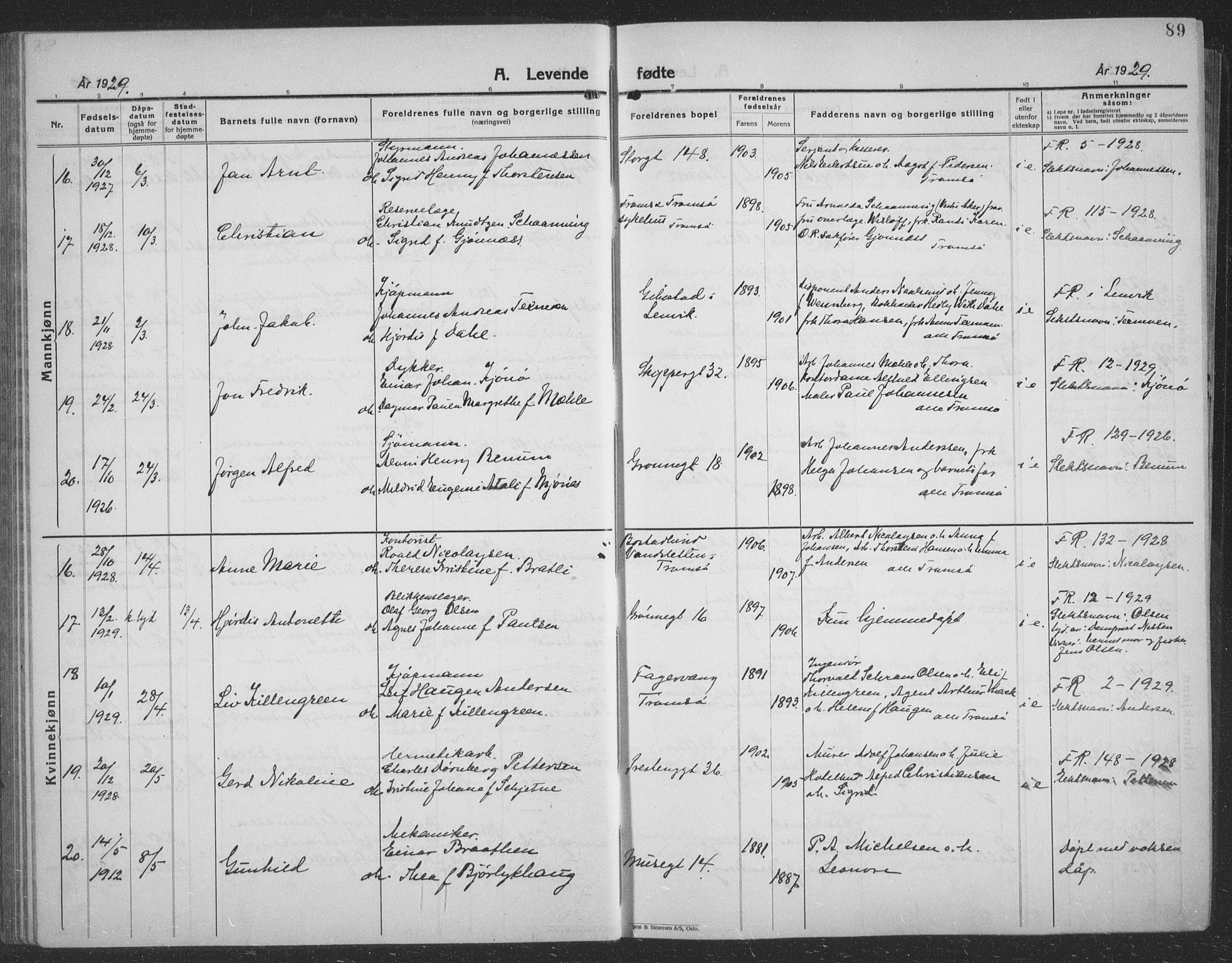 Tromsø sokneprestkontor/stiftsprosti/domprosti, AV/SATØ-S-1343/G/Gb/L0010klokker: Parish register (copy) no. 10, 1925-1937, p. 89