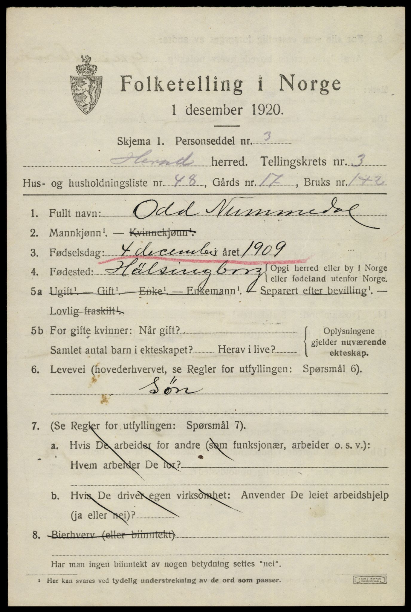 SAK, 1920 census for Herad, 1920, p. 1714