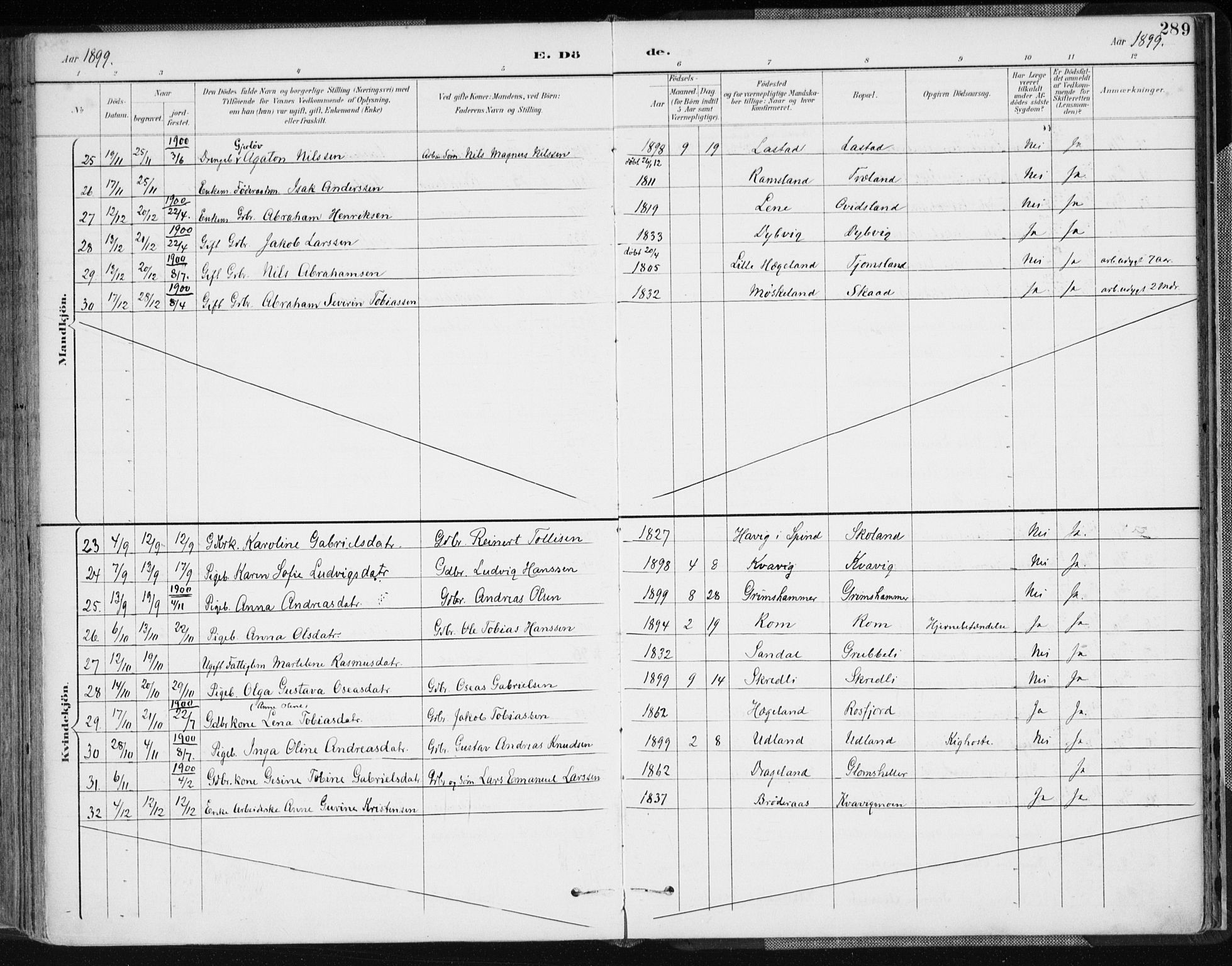 Lyngdal sokneprestkontor, AV/SAK-1111-0029/F/Fa/Fac/L0012: Parish register (official) no. A 12, 1894-1918, p. 289