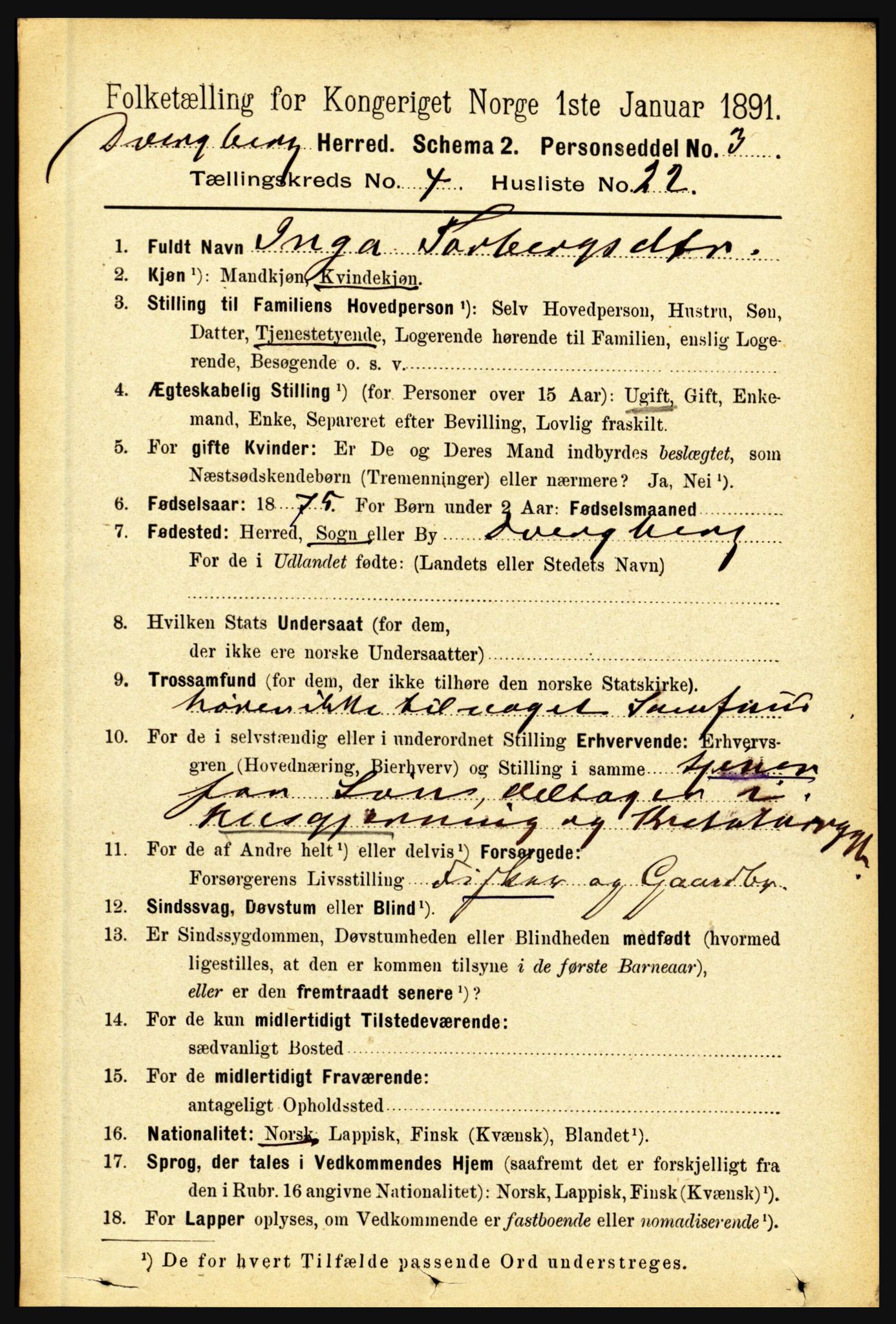 RA, 1891 census for 1872 Dverberg, 1891, p. 1428