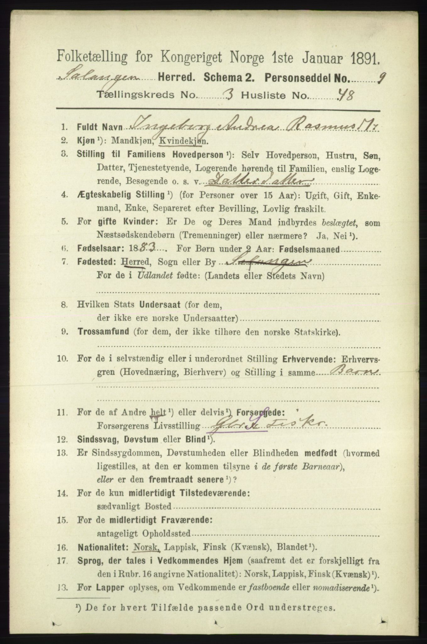 RA, 1891 census for 1921 Salangen, 1891, p. 1500