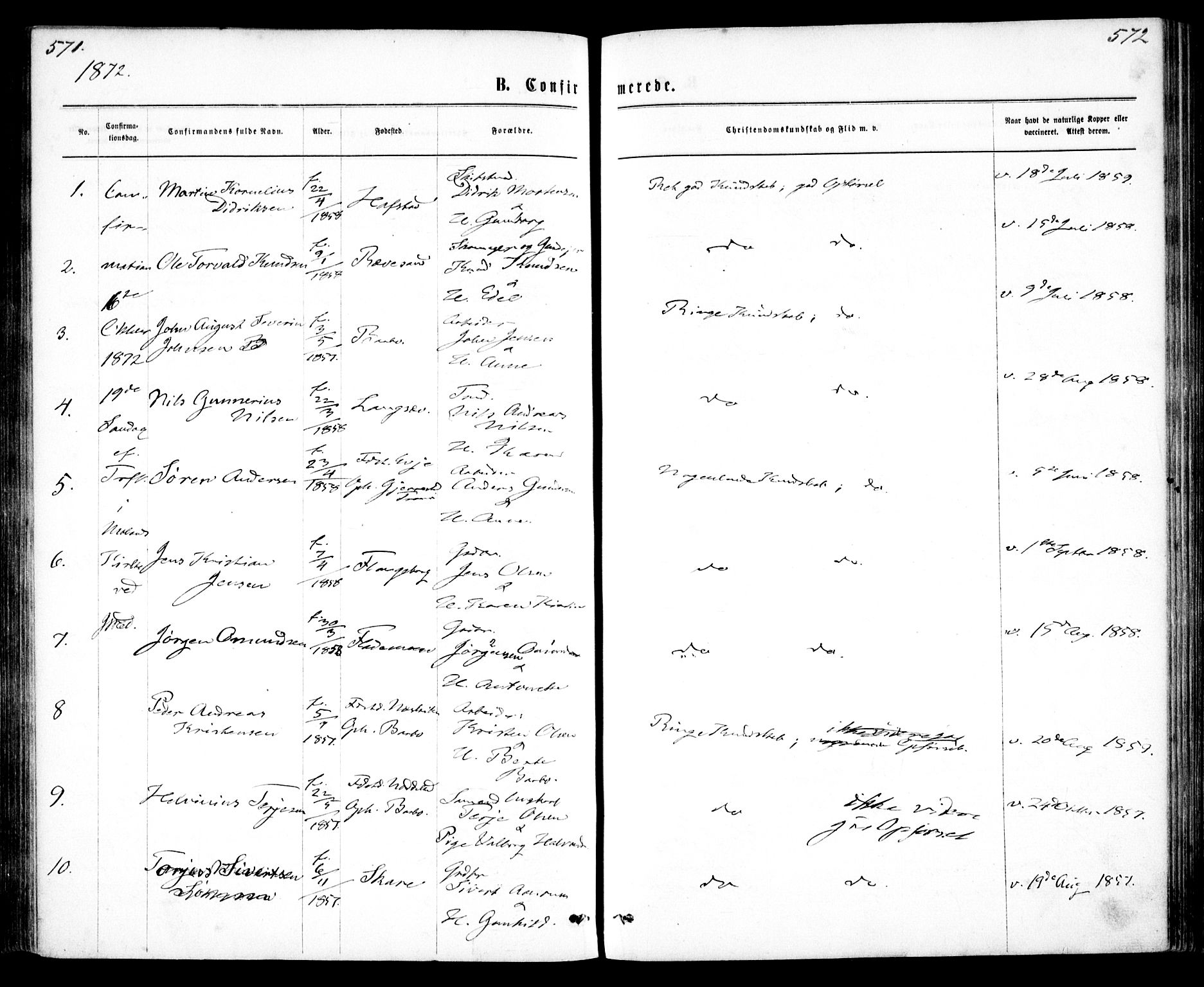 Tromøy sokneprestkontor, AV/SAK-1111-0041/F/Fa/L0008: Parish register (official) no. A 8, 1870-1877, p. 571-572