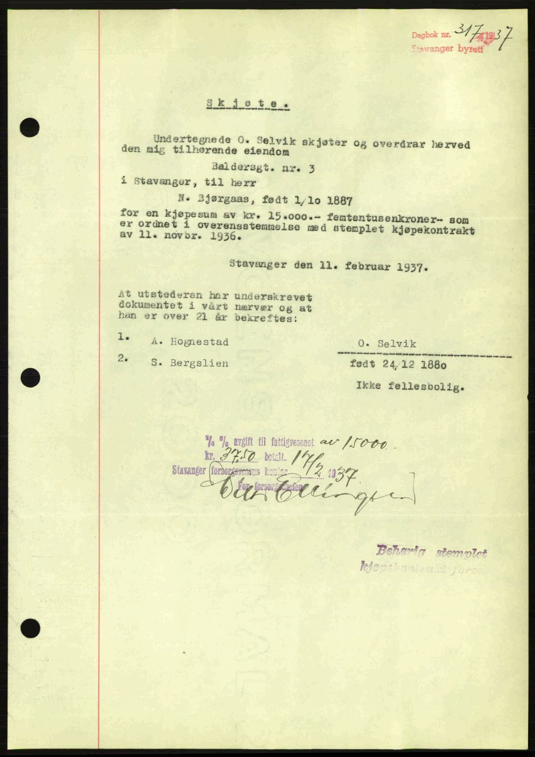 Stavanger byrett, SAST/A-100455/002/G/Gb/L0012: Mortgage book no. A2, 1936-1937, Diary no: : 317/1937
