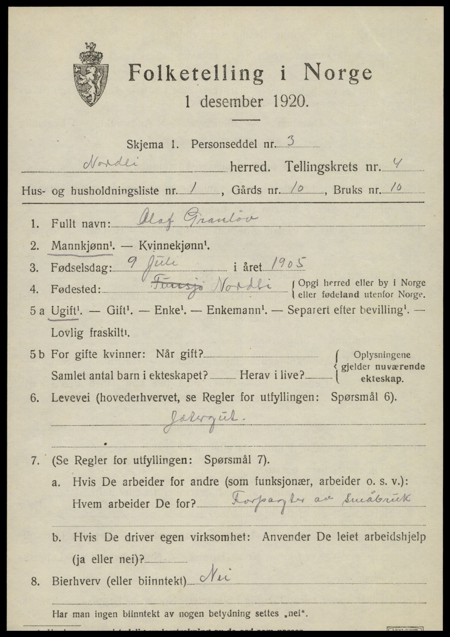 SAT, 1920 census for Nordli, 1920, p. 1841